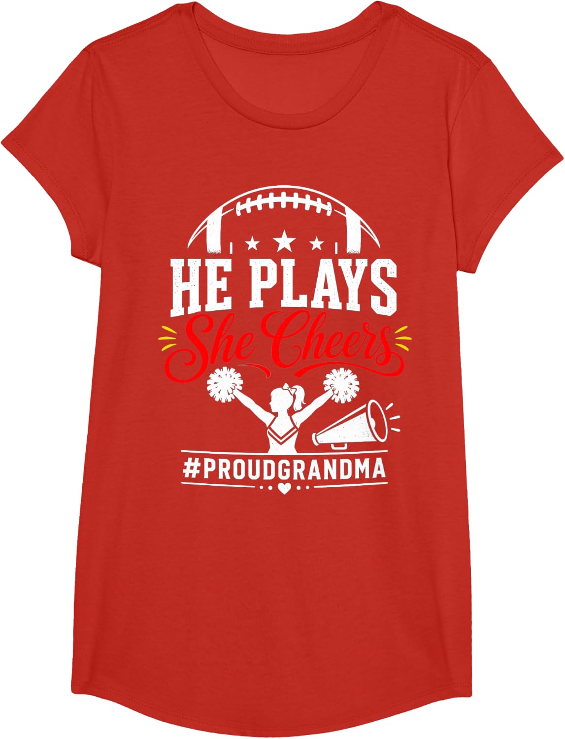 He Plays She Cheers Grandma of Football Player and Cheerlea T-Shirt - Girls Red