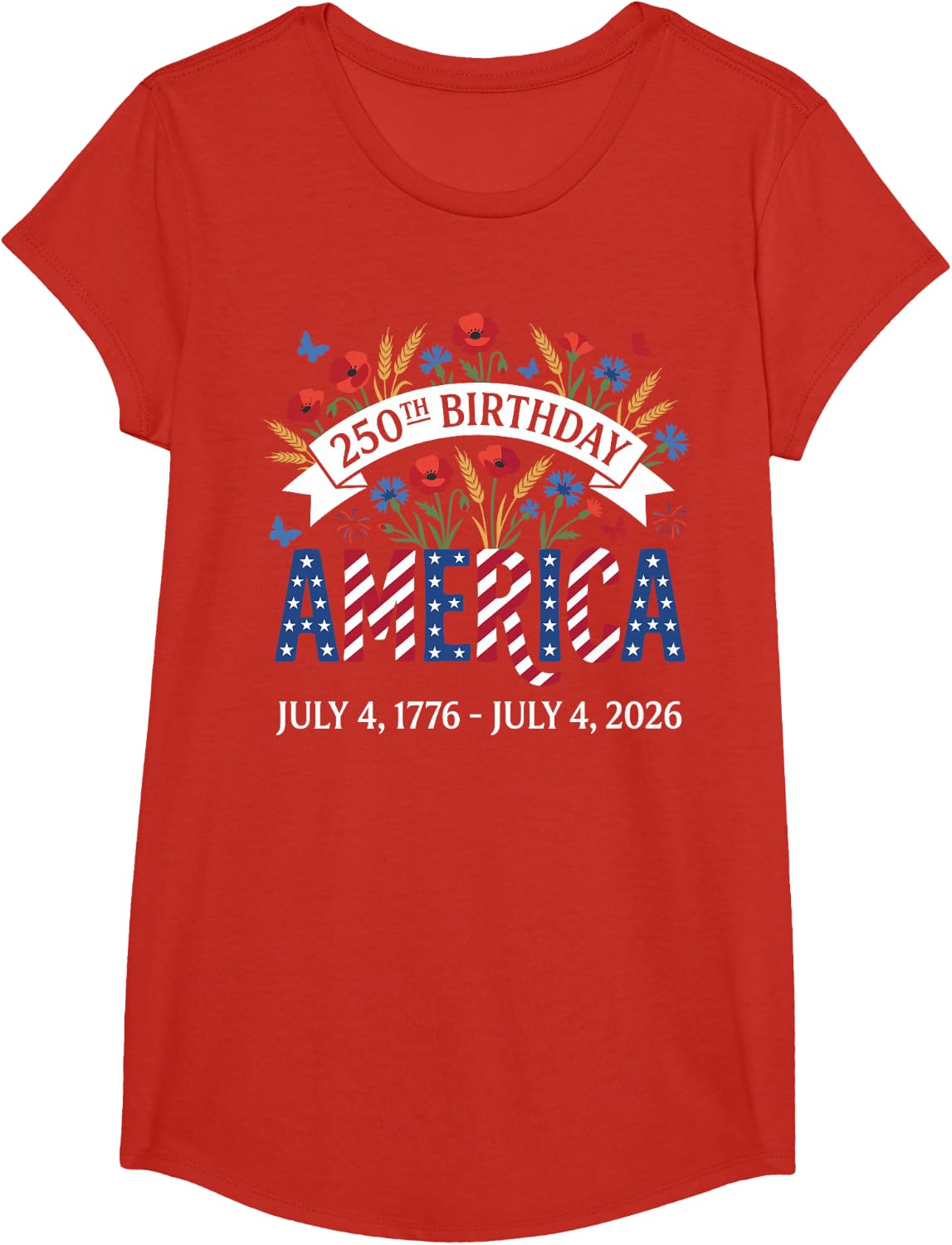 250th Birthday America Anniversary Floral 4th of July T-Shirt - Girls Red