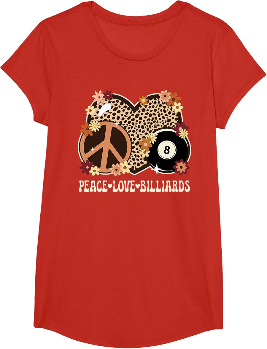 Peace Love Billiards Lover Outfit Cheetah Print Billiards T-Shirt - Girls Red