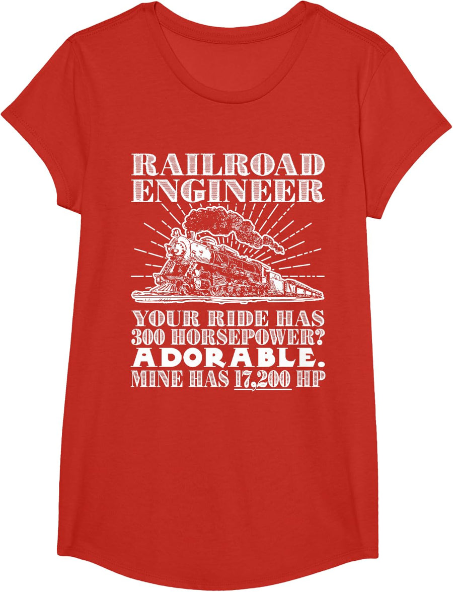 Railroad Engineer: Horsepower - Funny Train T Shirt T-Shirt - Girls Red