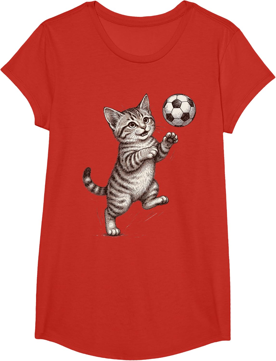 Soccer Tabby Cat Volley Kick Football T-Shirt - Girls Red