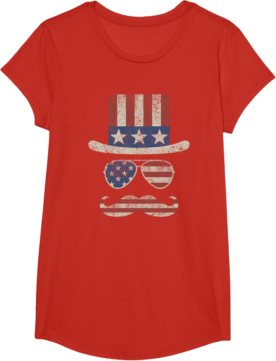 4th of July Hat Glasses Mustache Funny Uncle Sam Vintage USA T-Shirt - Girls Red