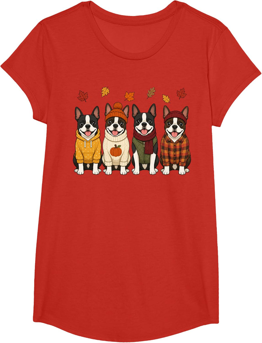 Boston Terrier Fall Autumn Season Pumpkin Dog T-Shirt - Girls Red