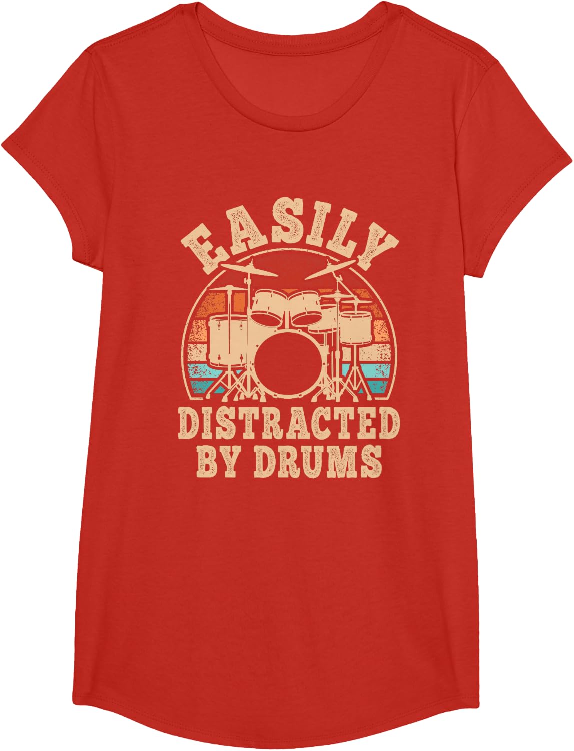 Easily Distracted by Drums Retro Drummer Vintage Men Women T-Shirt - Girls Red