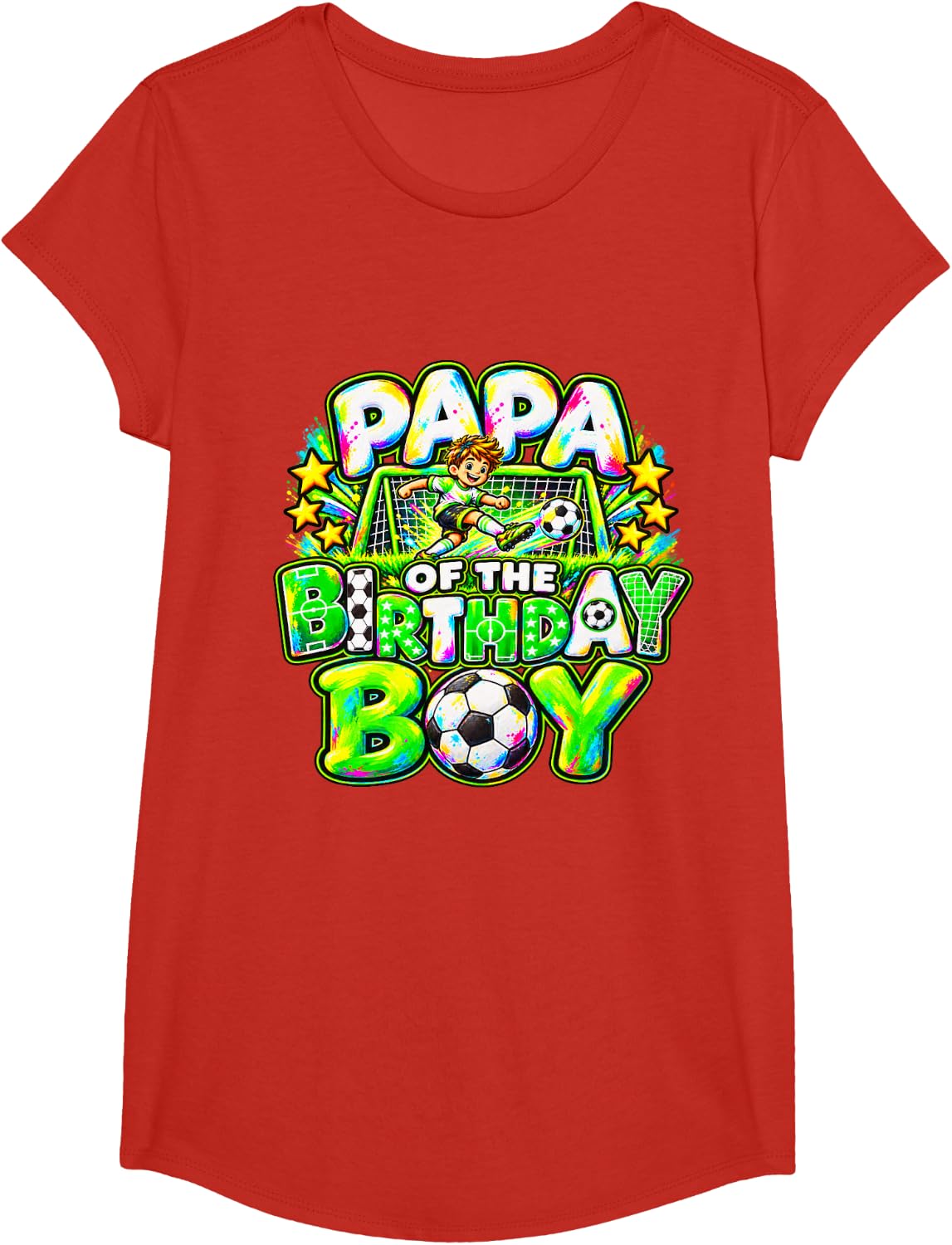 Papa of The Birthday Boy Soccer Player Colorful T-Shirt - Girls Red