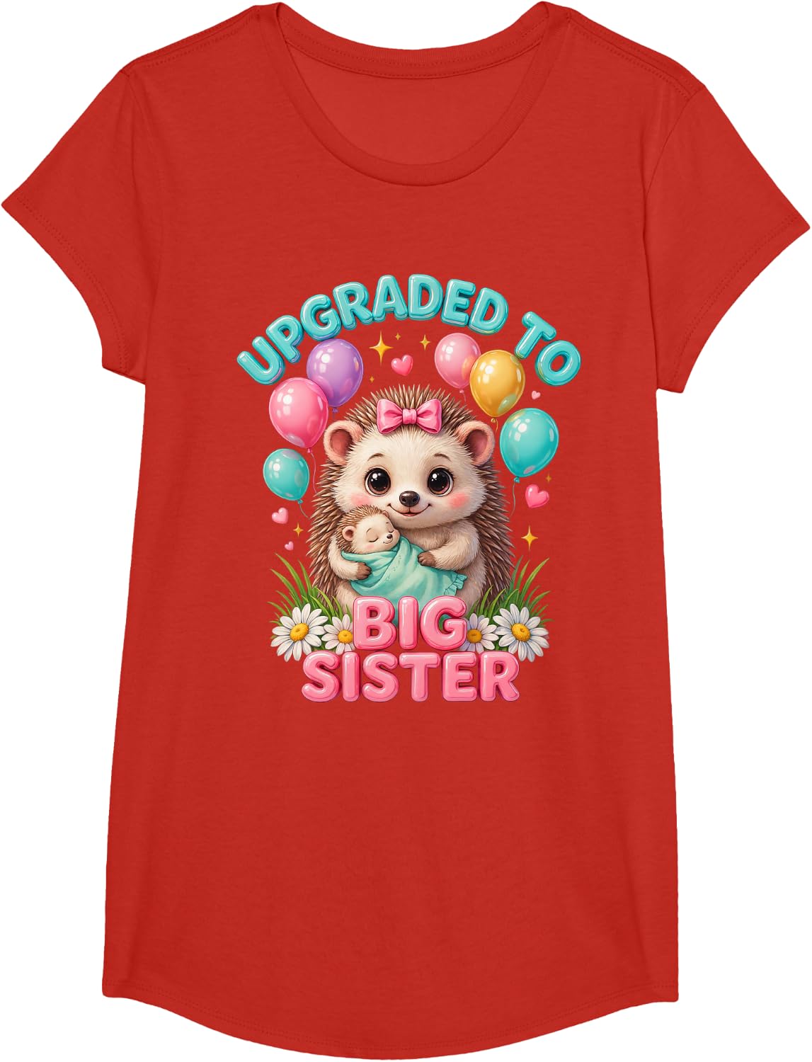 Upgraded to Big Sister Hedgehog Big Sis Announcement Girl T-Shirt - Girls Red