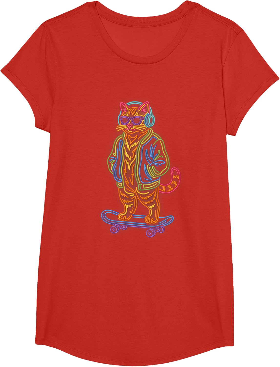 Cool Skateboarding Cat Orange Tabby Headphones Sunglasses T-Shirt - Girls Red