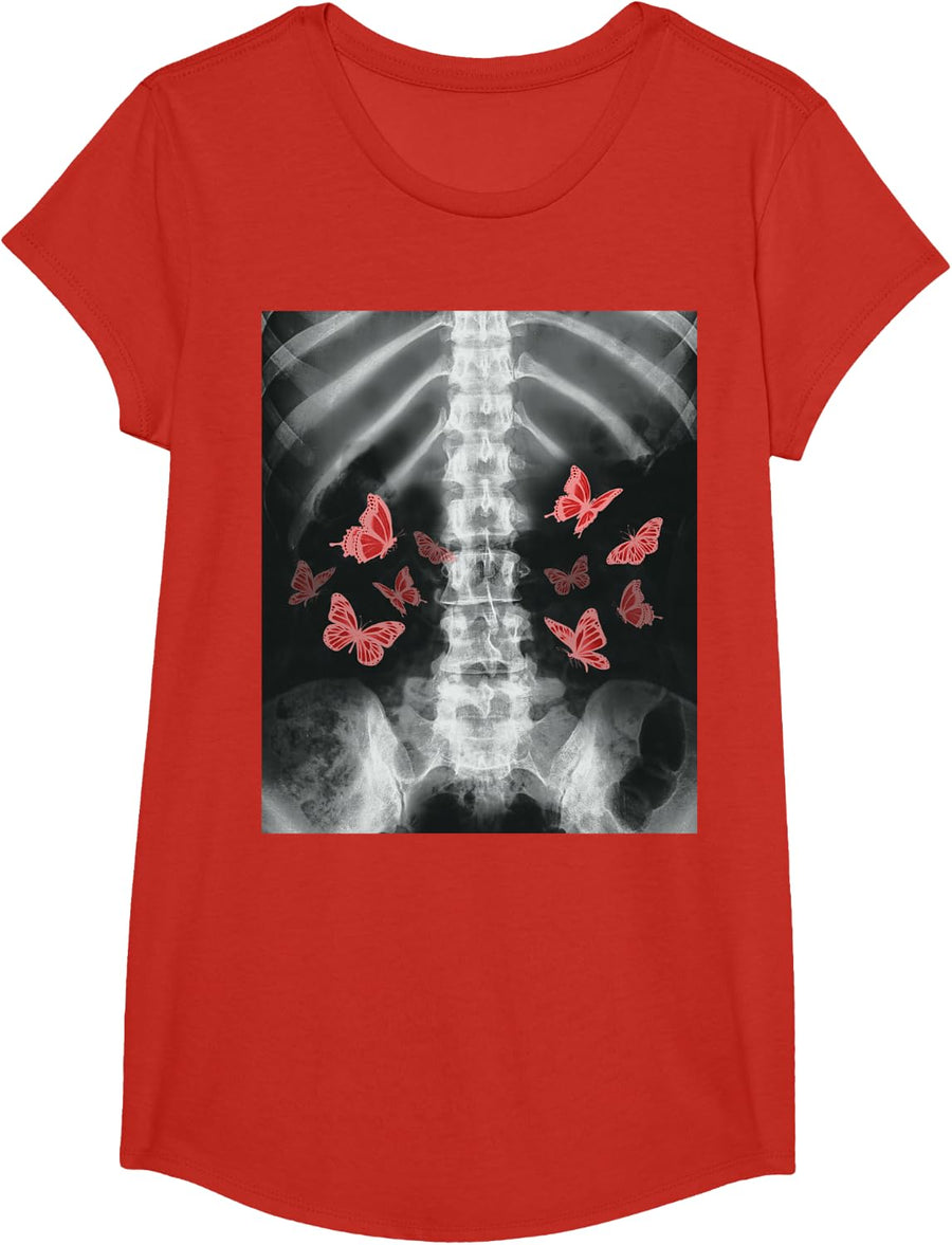 Xray Skeleton Red Butterfly Egirl y2k Harajuku Dark Grunge T-Shirt - Girls Red