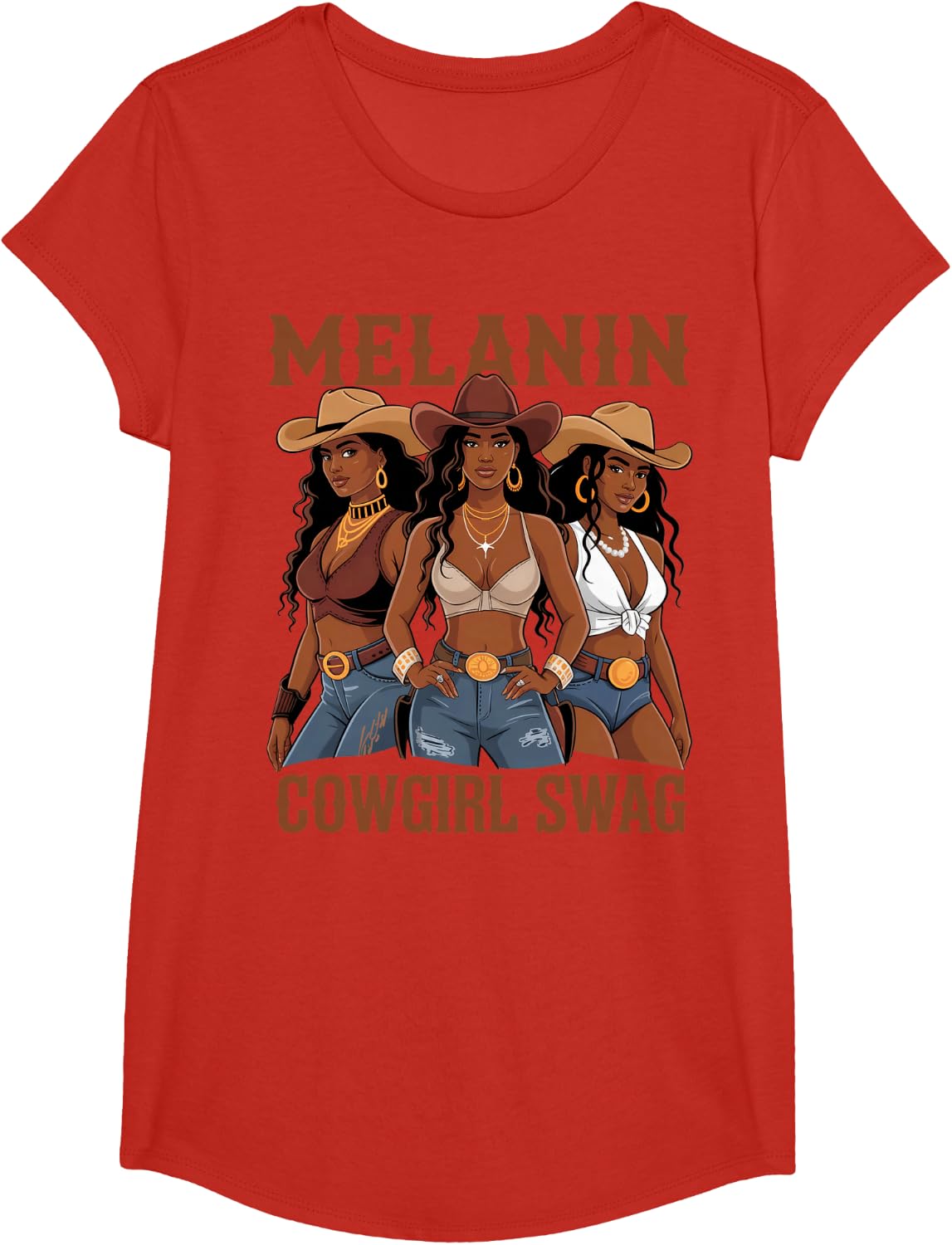 Black African Melanin Cowgirl Swag Western Country Texas T-Shirt - Girls Red