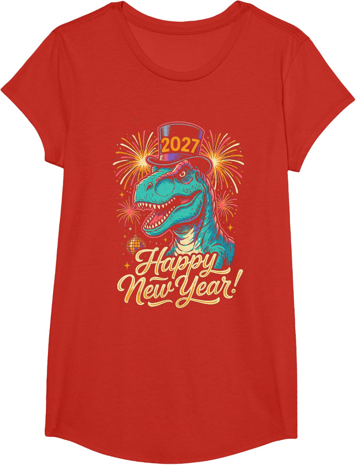 Funny T-Rex Happy New Year 2027 Dinosaur Retro Party T-Shirt - Girls Red