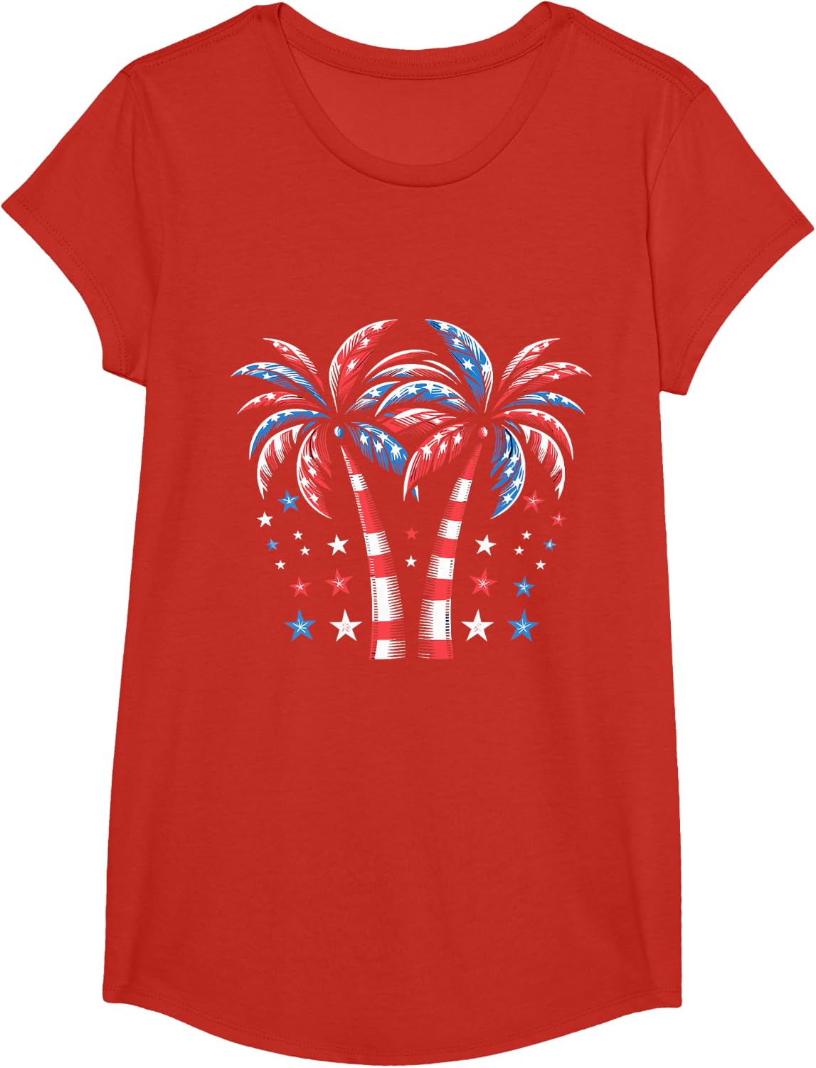 Patriotic American Palm Trees USA Flag Summer 4th of July T-Shirt - Girls Red