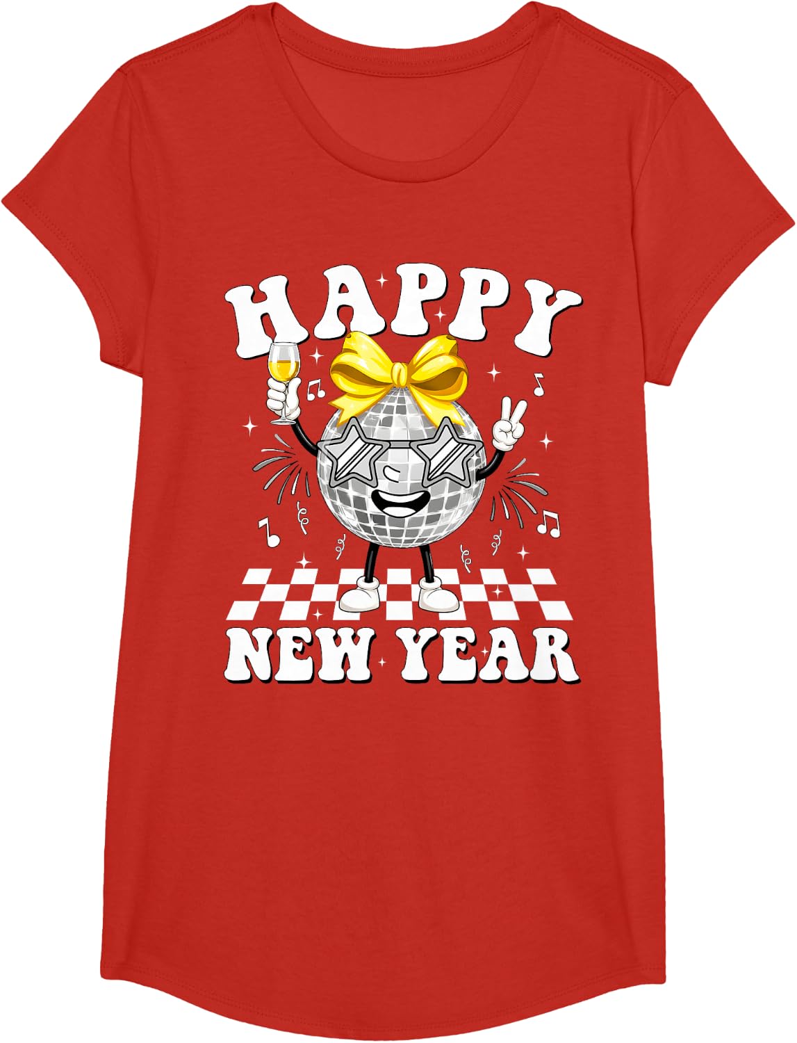 Happy New Year Disco Ball Bow Party Celebration Men Women T-Shirt - Girls Red