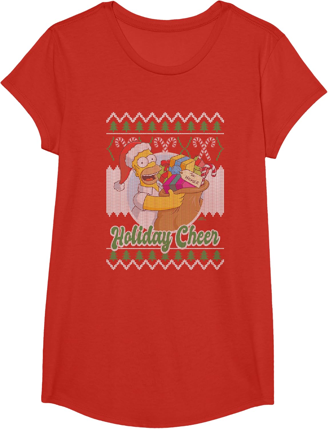 The Simpsons Christmas Homer Holiday Cheer Ugly Sweater T-Shirt - Girls Red