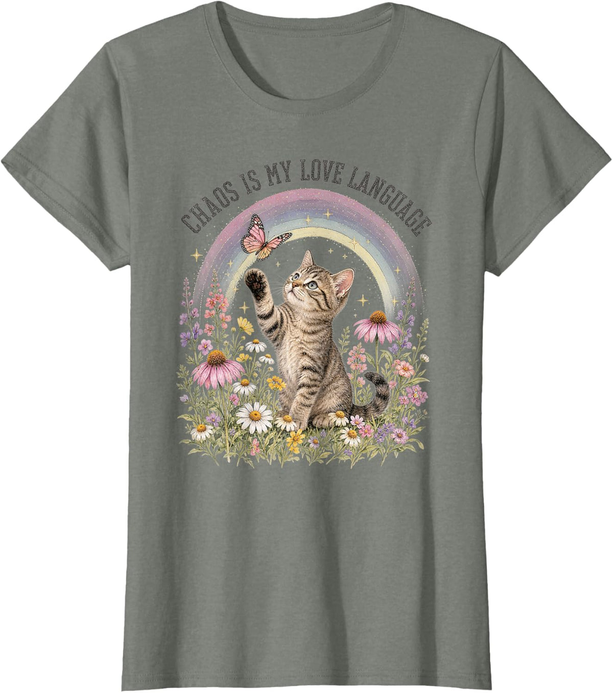 Chaos is My Love Language Cute Kitten Cat Rainbow T-Shirt - Olive Heather