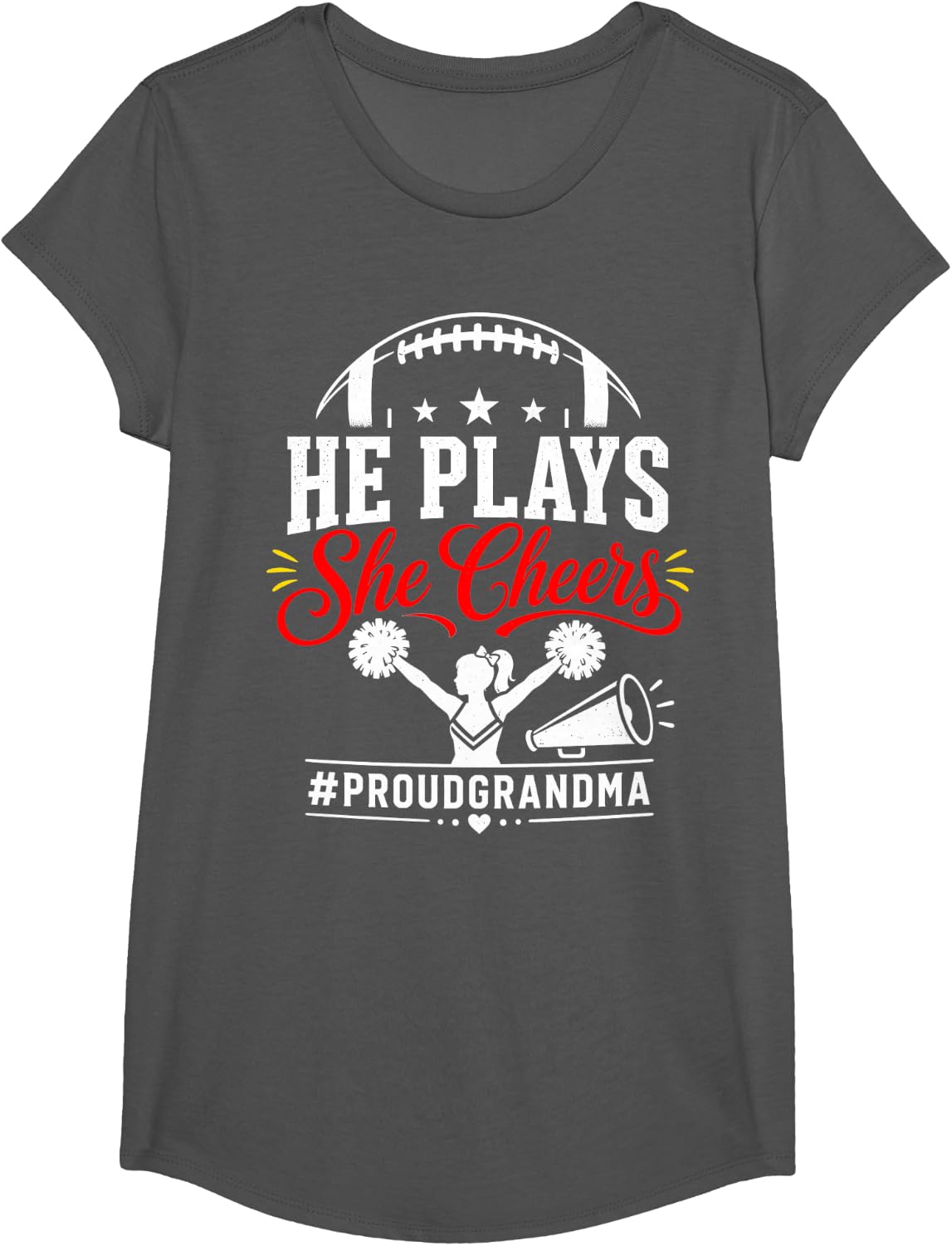 He Plays She Cheers Grandma of Football Player and Cheerlea T-Shirt - Girls Asphalt Grey