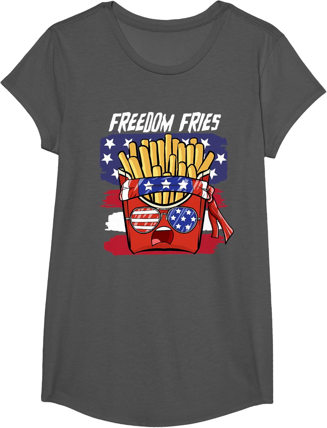 Red, White, and Blue 4th of July Freedom Fries T-Shirt - Girls Asphalt Grey