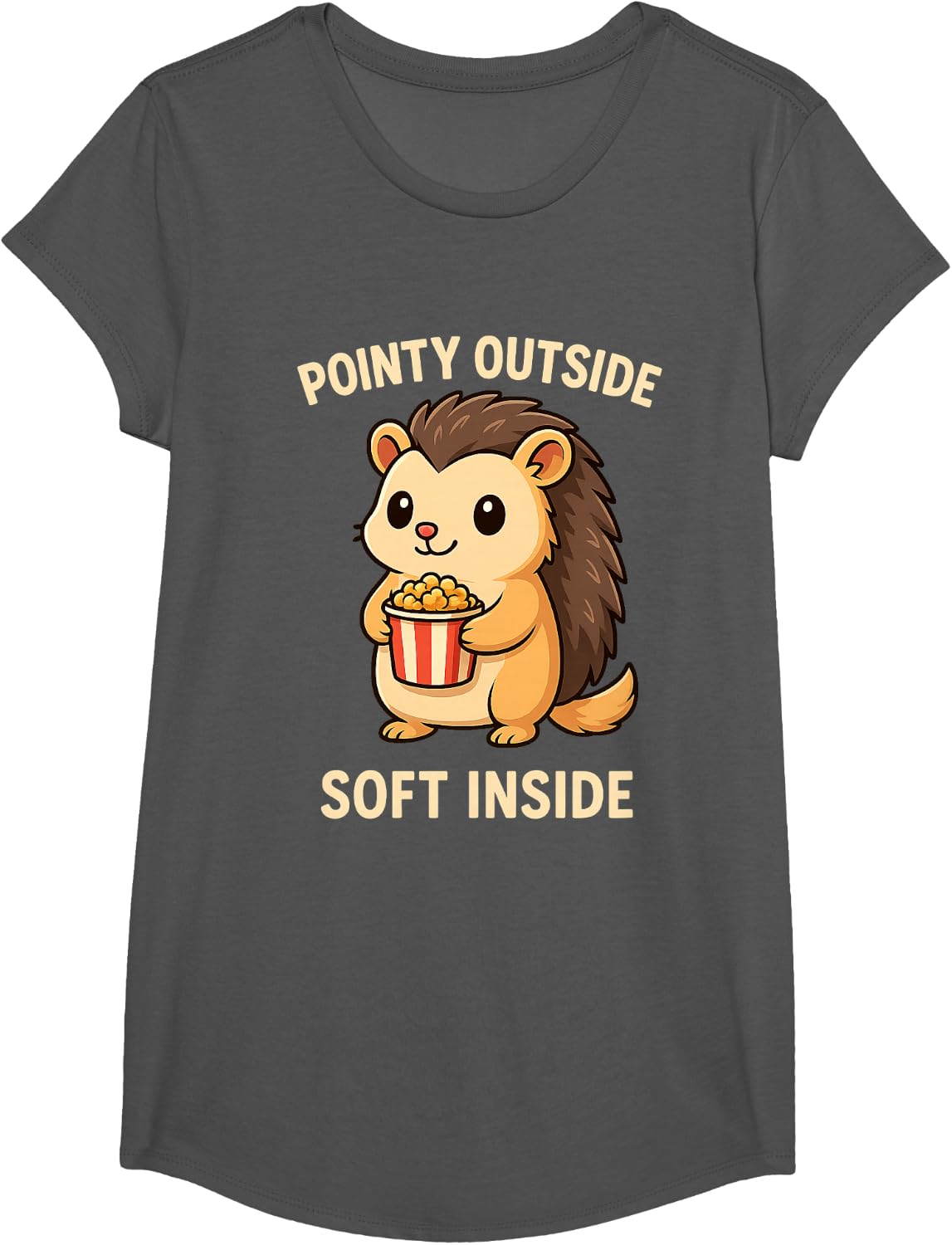 Pointy Outside Soft Inside Hedgehog Popcorn Funny T-Shirt - Girls Asphalt Grey