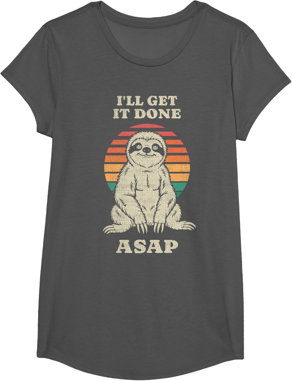 Funny Lazy Sloth Lover I'll Get It Done ASAP Retro 70s T-Shirt - Girls Asphalt Grey