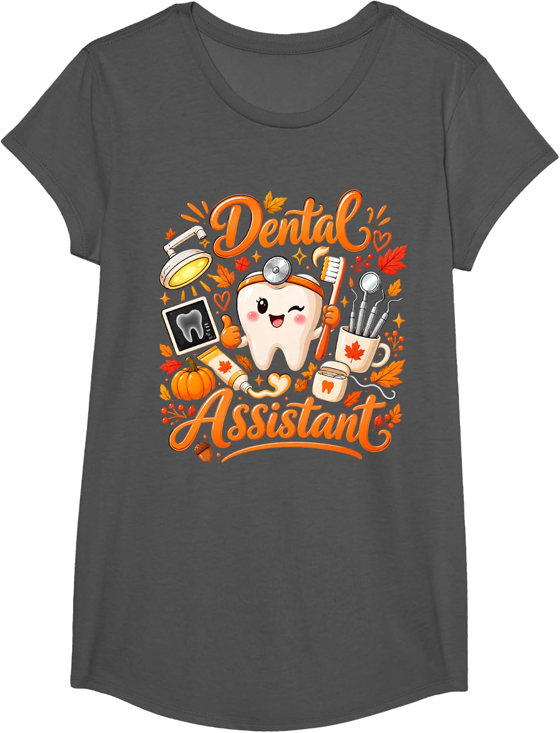 Dental Assistant Dentist Hygienist Tooth Thanksgiving Season T-Shirt - Girls Asphalt Grey