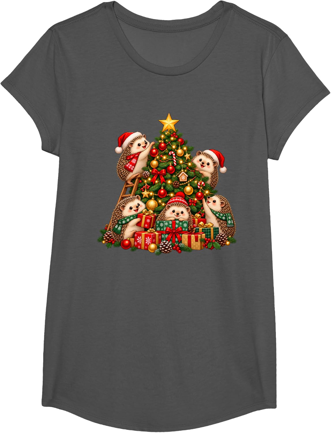 Hedgehog Christmas Tree Funny Hedgehogs Xmas T-Shirt - Girls Asphalt Grey