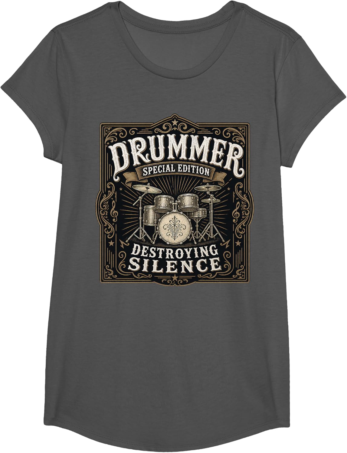 Vintage Drum Set Illustration with Badge Design T-Shirt - Girls Asphalt Grey