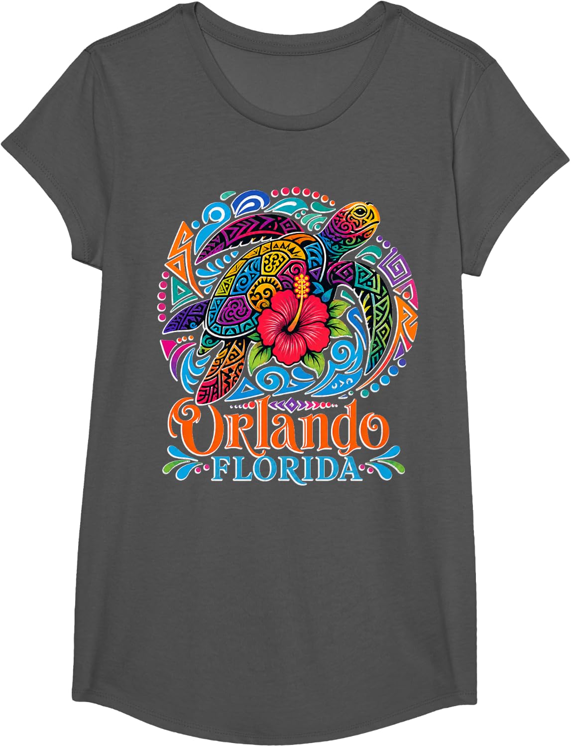 Tribal Sea Turtle with Hibiscus in Orlando T-Shirt - Girls Asphalt Grey