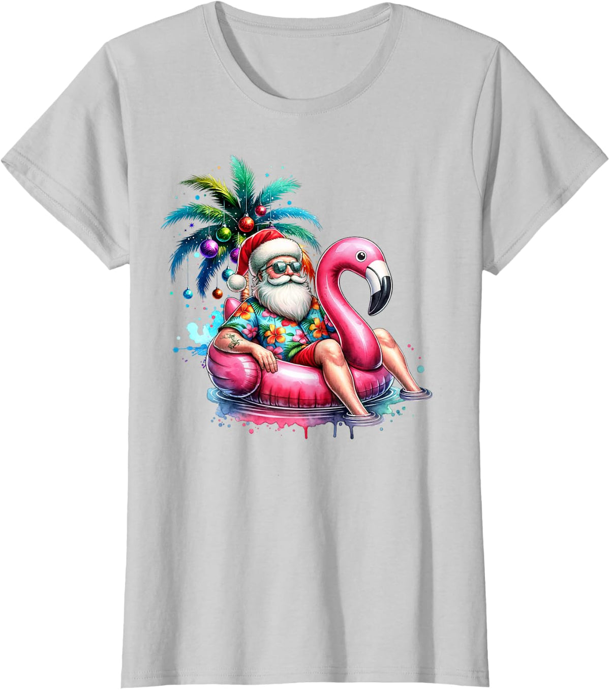 Hawaiian Shirt Santa Flamingo Palm Tree Christmas in July T-Shirt - Silver Grey