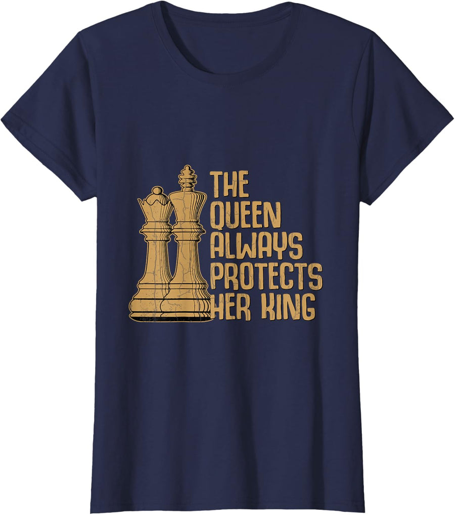 Queen Always Protects Her King Funny Chess Player Graphic T-Shirt - Navy Blue