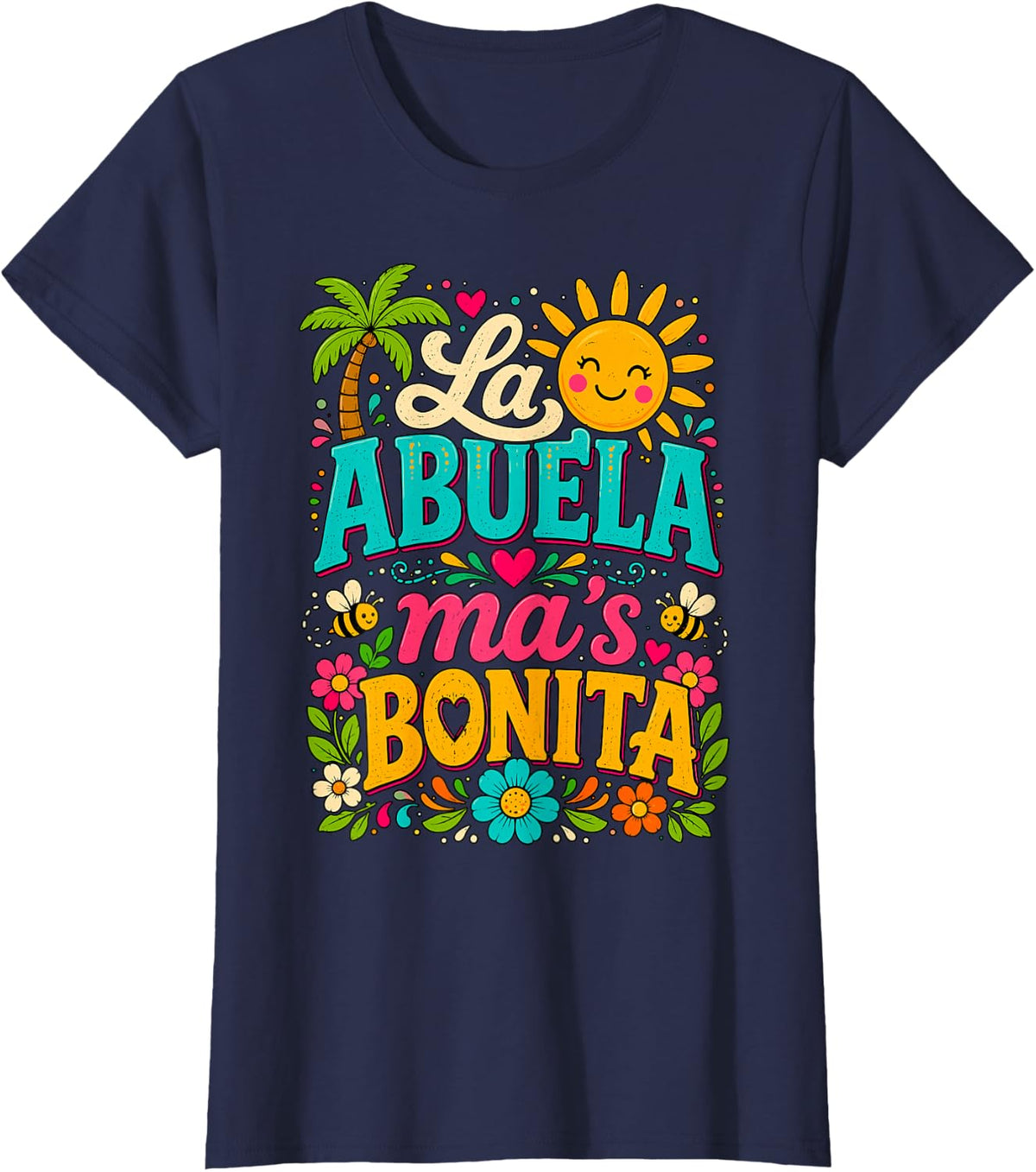 La Abuela Mas Bonita Spanish Grandma Floral Art T-Shirt - Navy Blue