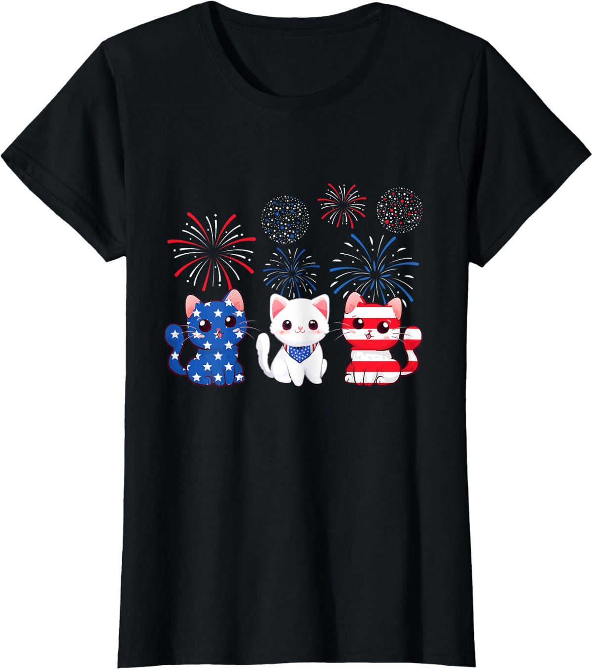 Cute Cat USA Flag 4th Of July Patriotic Cat Kitten Lover T-Shirt - Black