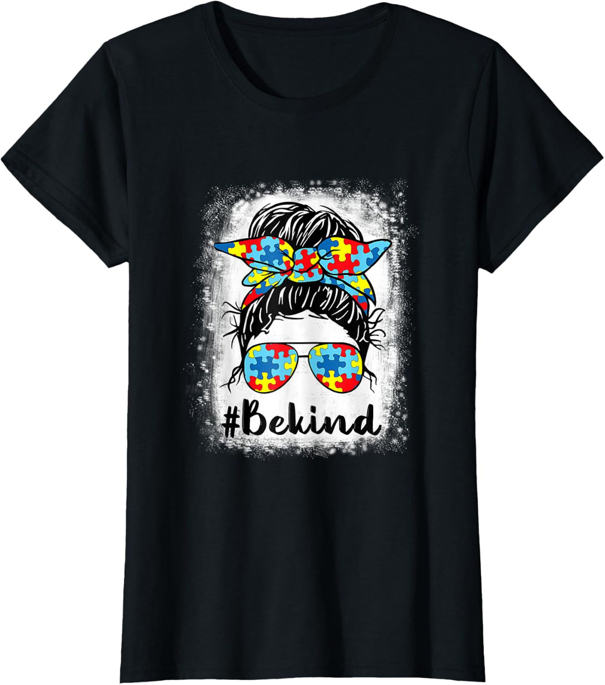 Womens Be Kind Autism Awareness Messy Bun Girl Tees Gift Mom Mother T-Shirt - Black