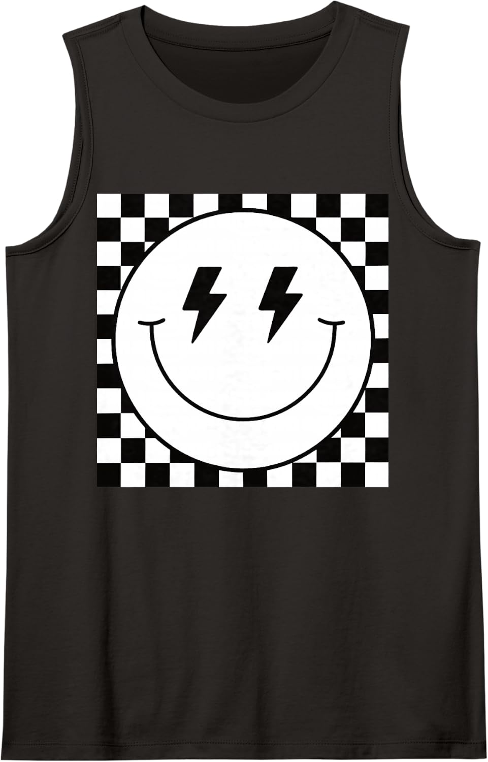 Retro Checkerboard Happy Face Lightning Bolt Eyes Graphic Tank Top - Black