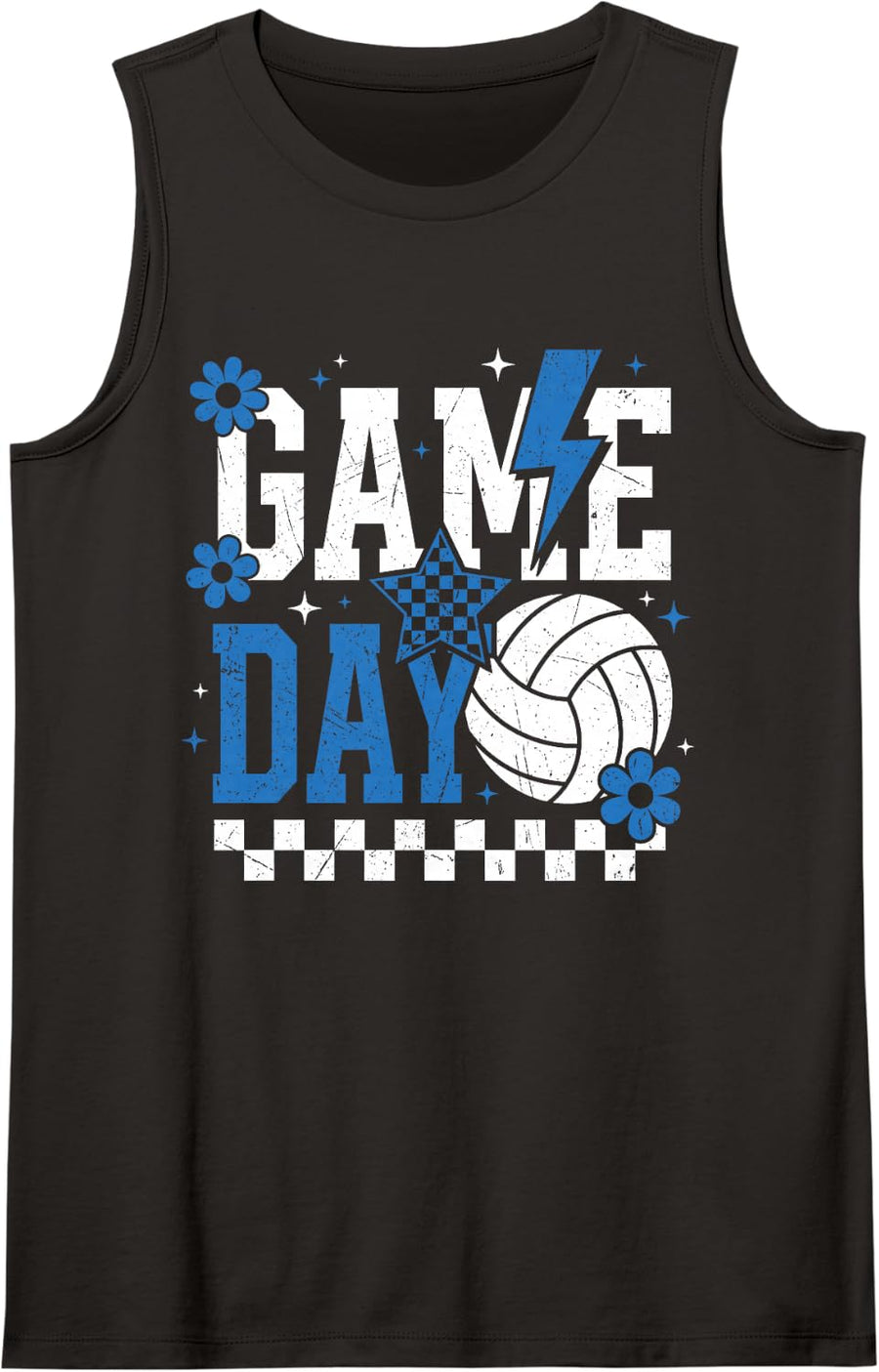 Volleyball Game Day Girls Retro Checkered Mom Blue White Sleeveless Tank Top - Black