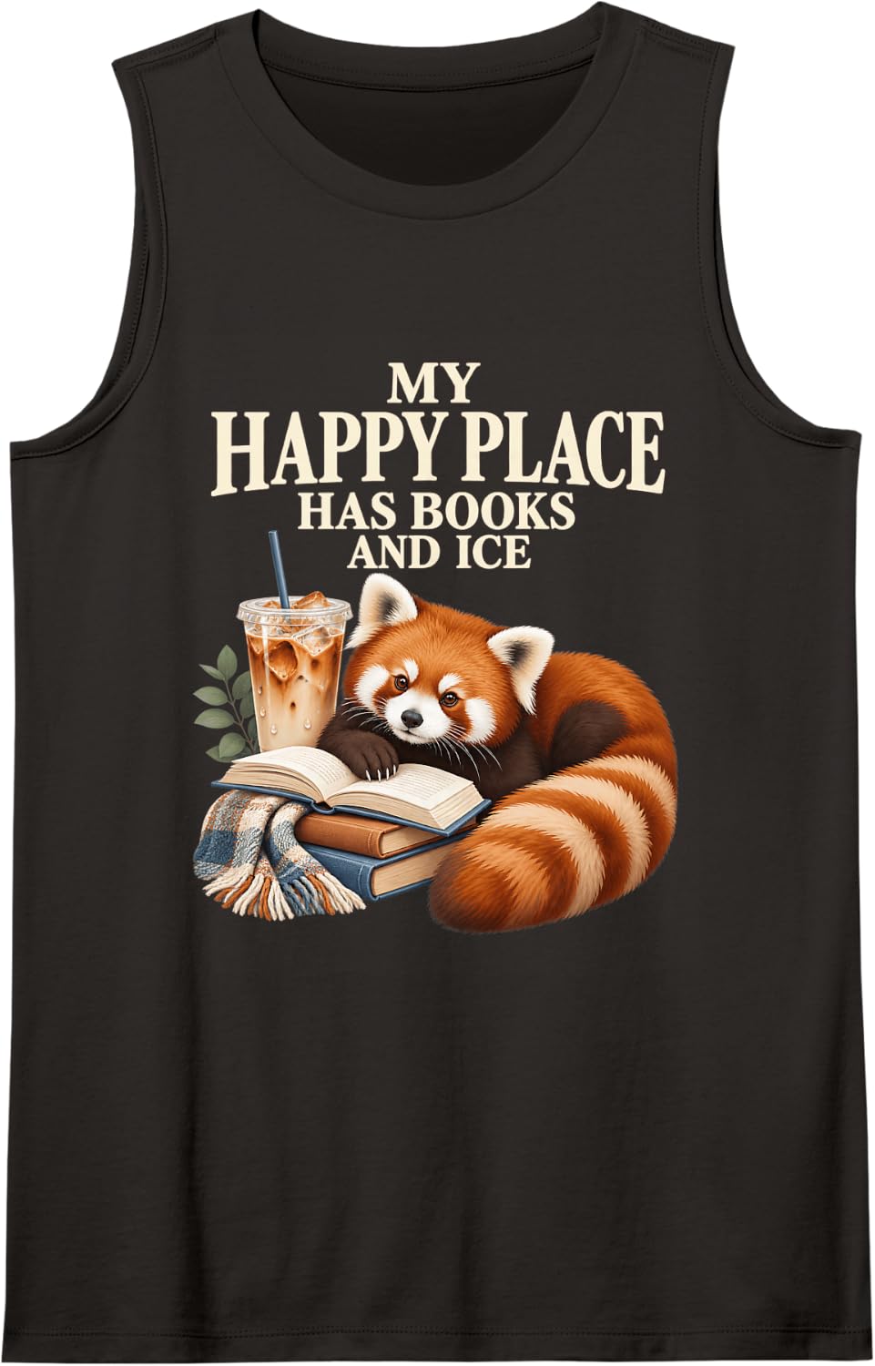 Red Panda Book Lover Reading Iced Coffee Cozy Happy Place Sleeveless Tank Top - Black