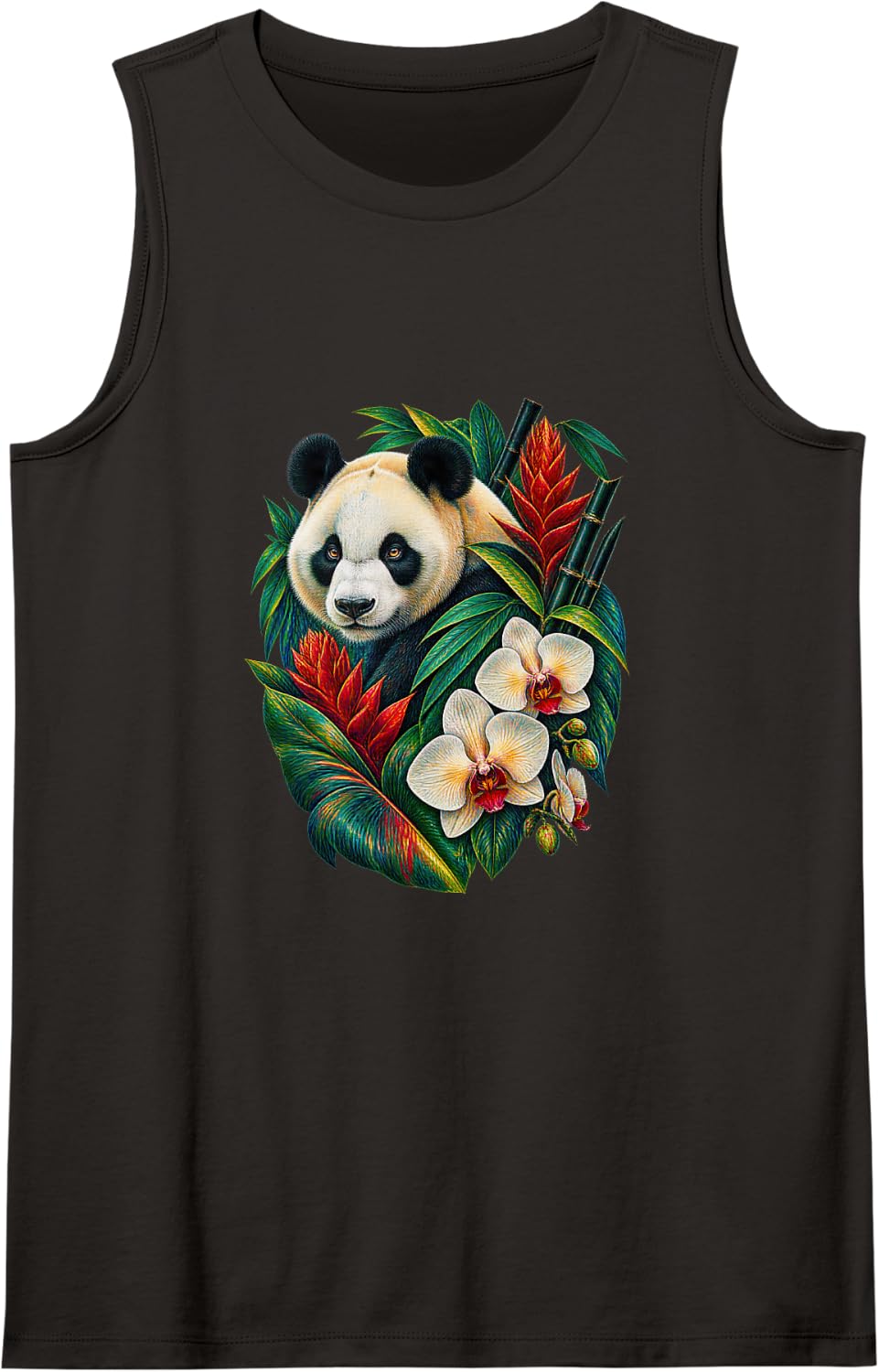 Giant Panda Black Bamboo Botanical Art Sleeveless Tank Top - Black