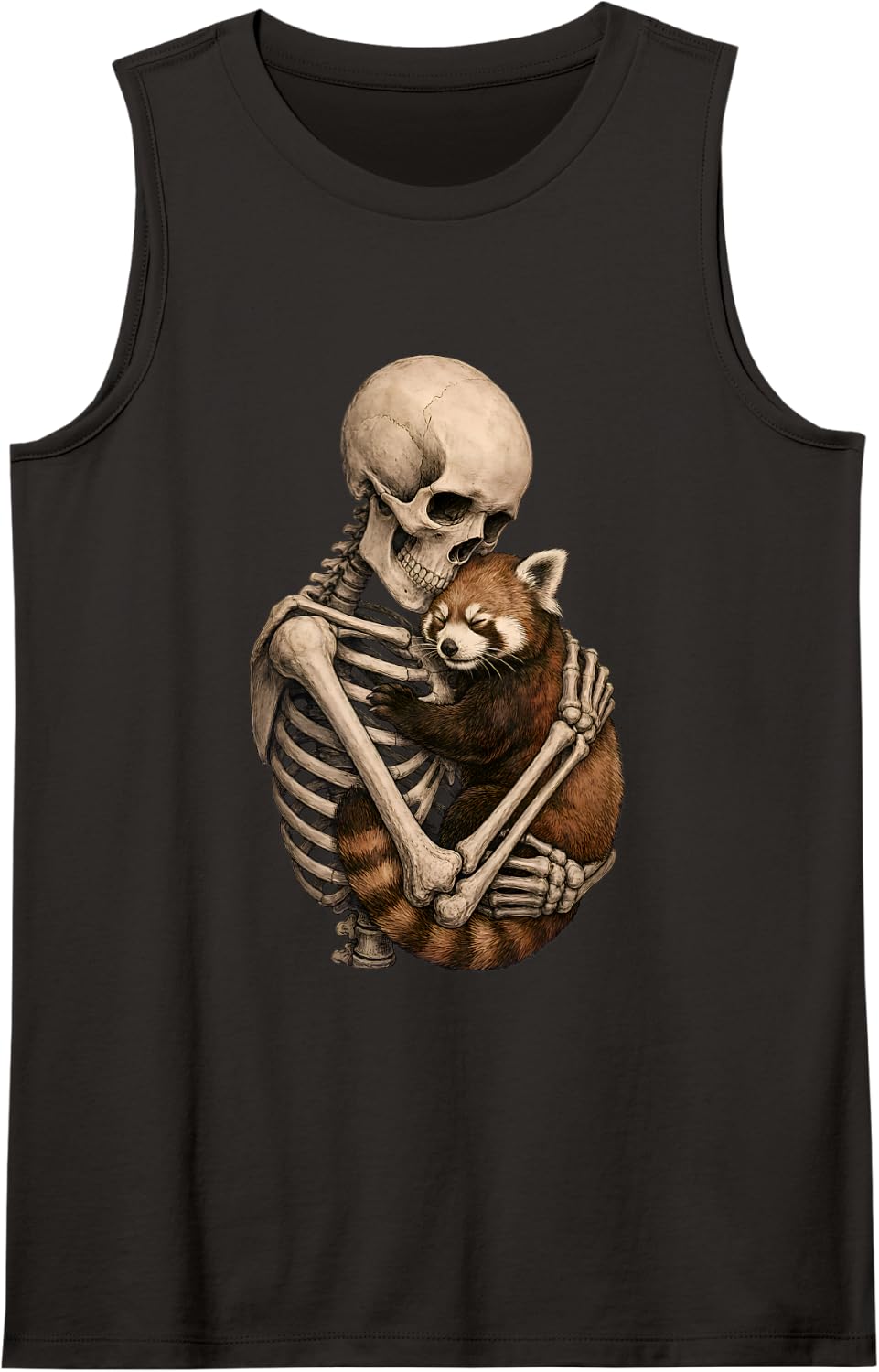 Red Panda Skeleton Hug Spooky Animal Aesthetic Design Sleeveless Tank Top - Black