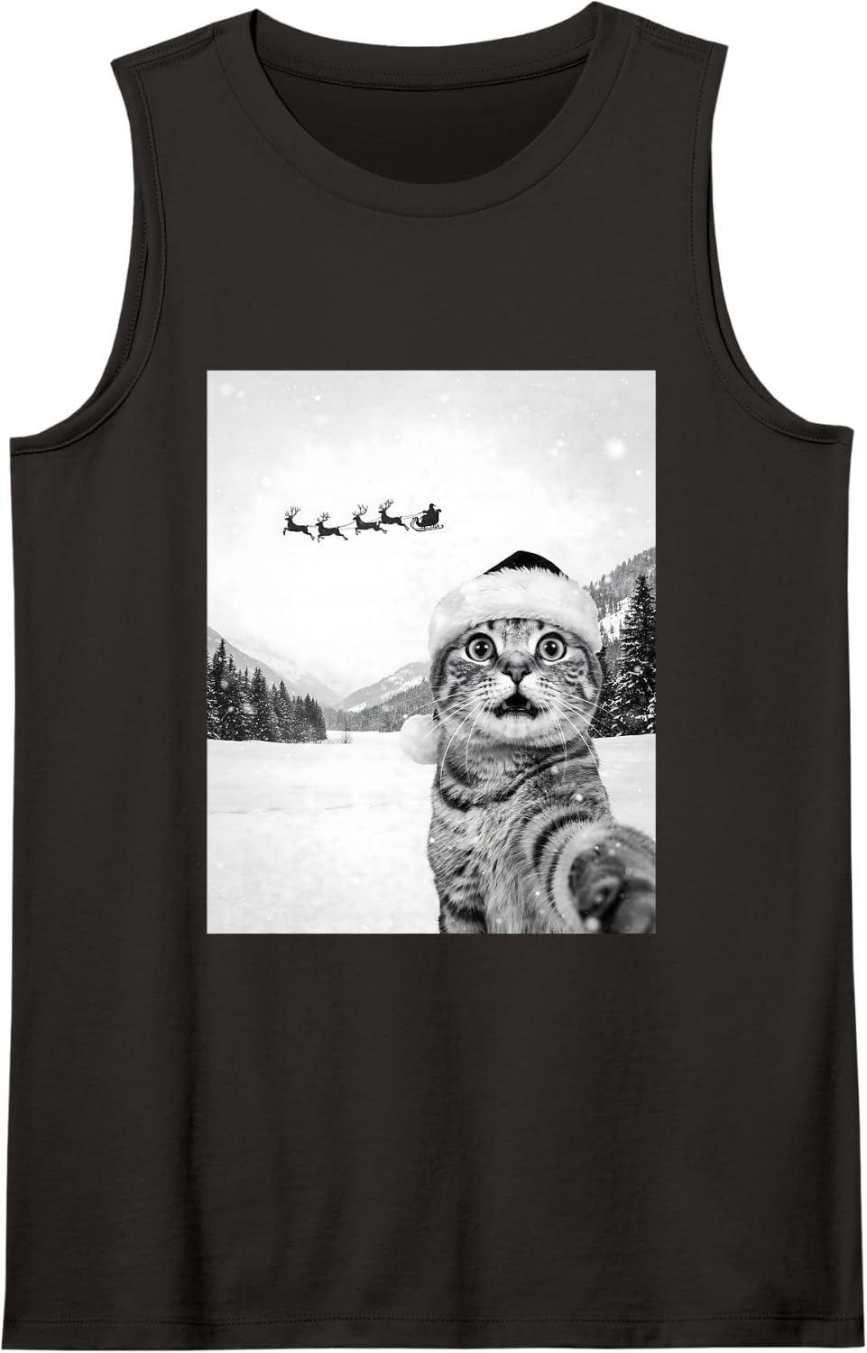 Cat Selfie with Santa Funny Christmas Cat Mom Cat Dad Xmas Sleeveless Tank Top - Black