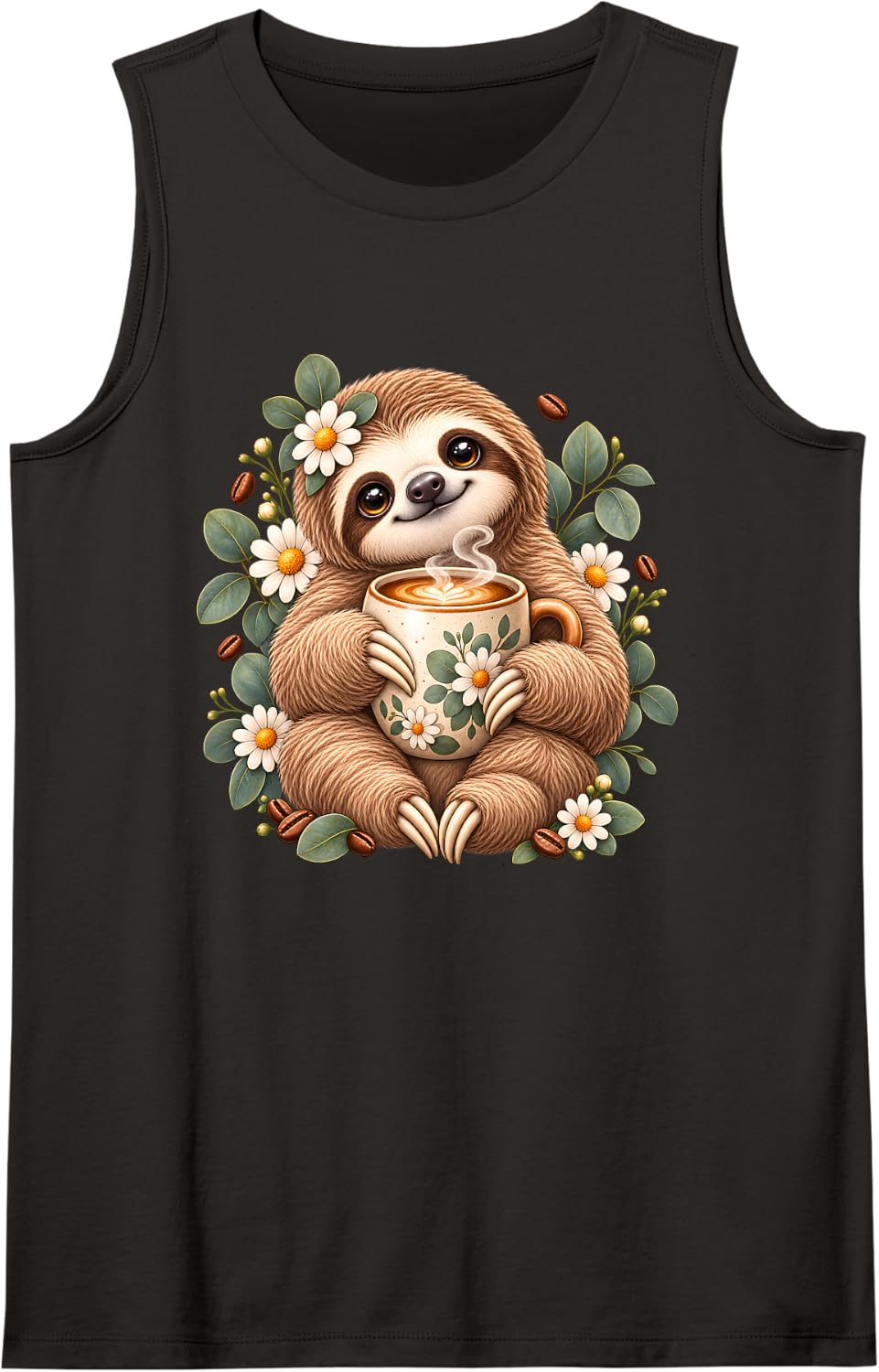 Sloth Coffee Lover Floral Wildflower Animal Art Sleeveless Tank Top - Black
