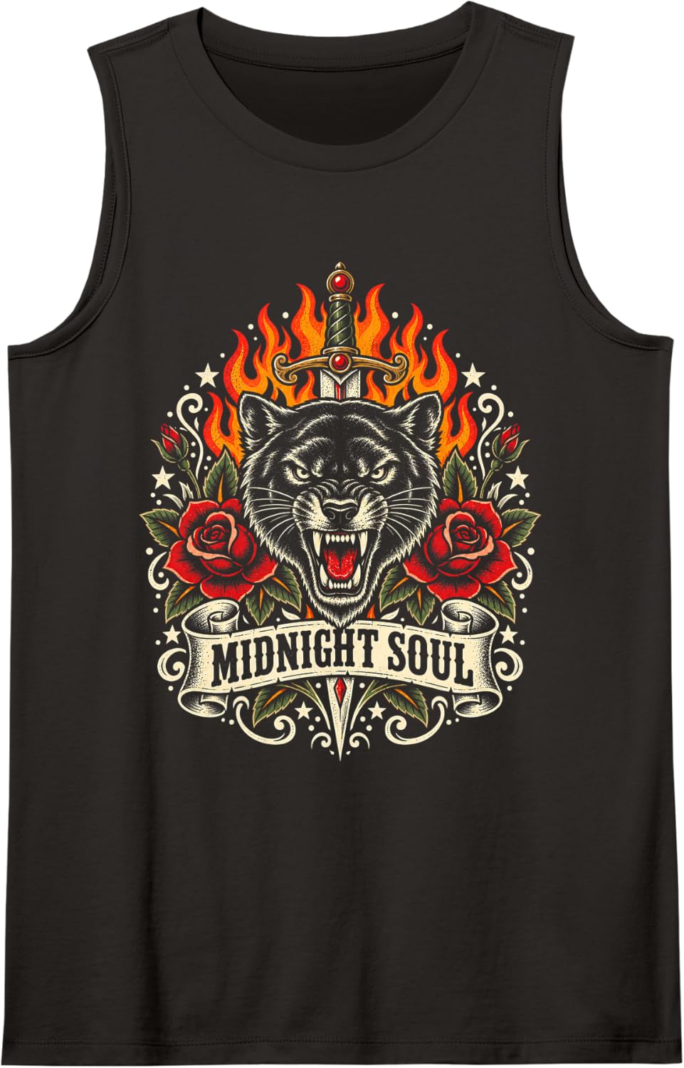 Snarling Panther Dagger Gothic Vintage Flames Roses Art Sleeveless Tank Top - Black