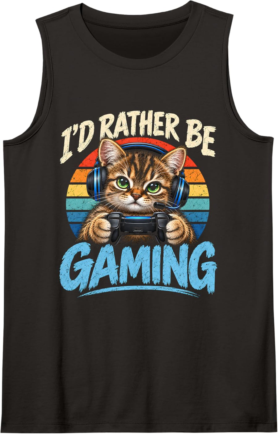 I'd Rather Be Gaming Funny Cat Gamer Controller Saying Sleeveless Tank Top - Black
