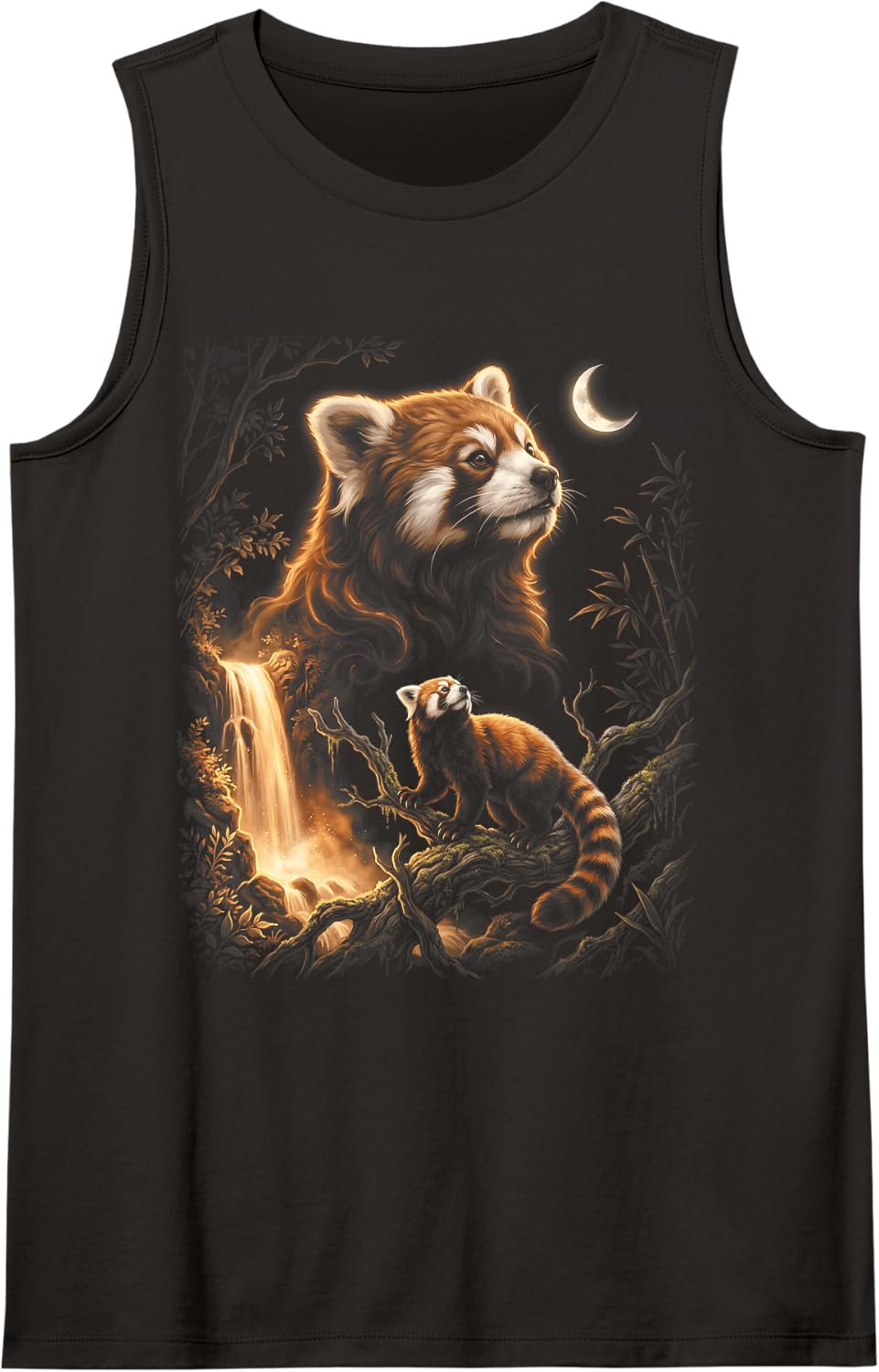 Red Panda Howling At The Moon Sleeveless Tank Top - Black