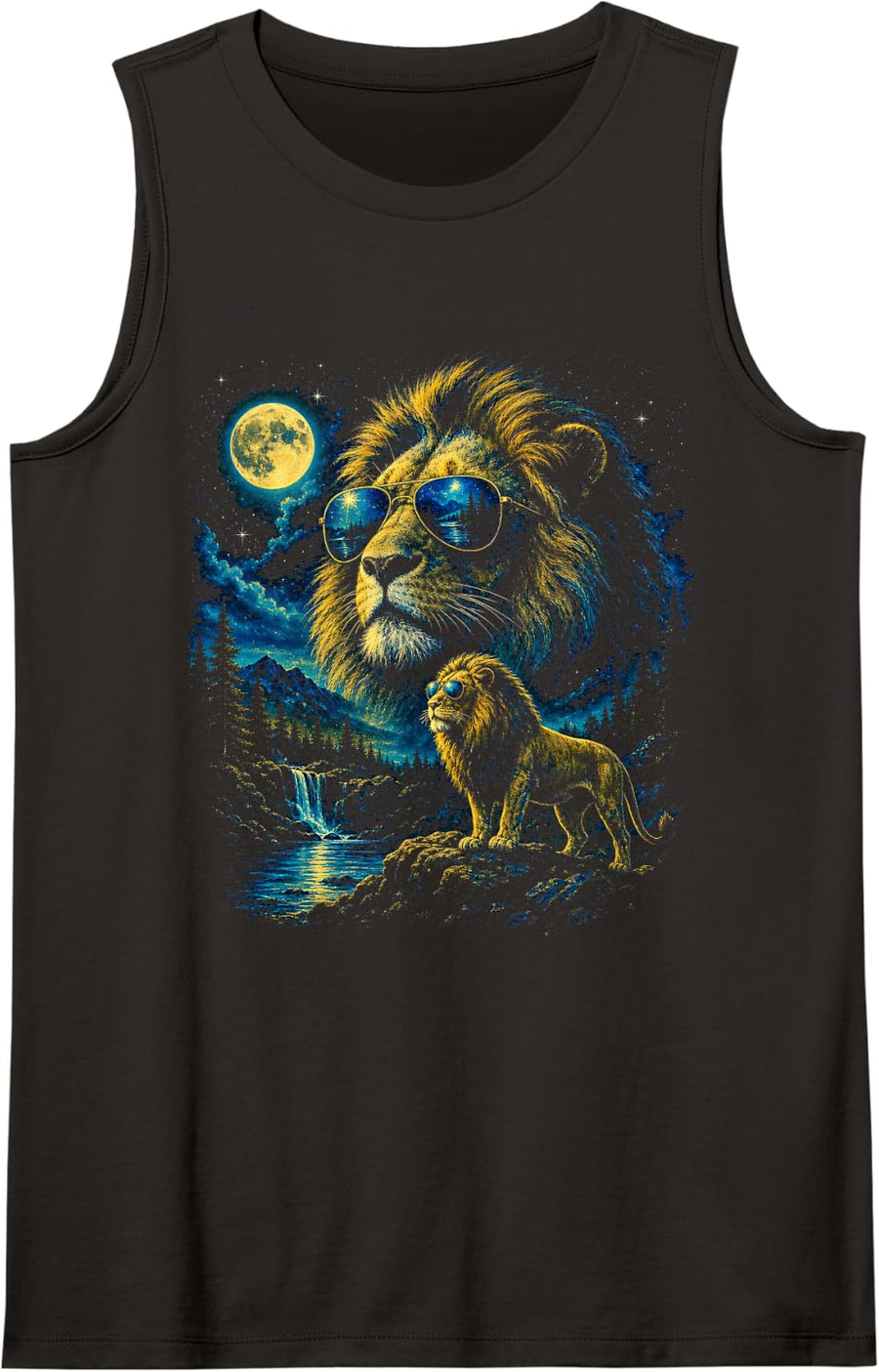 Vintage Style Lion Moonlit Mountain Retro Wilderness Art Sleeveless Tank Top - Black