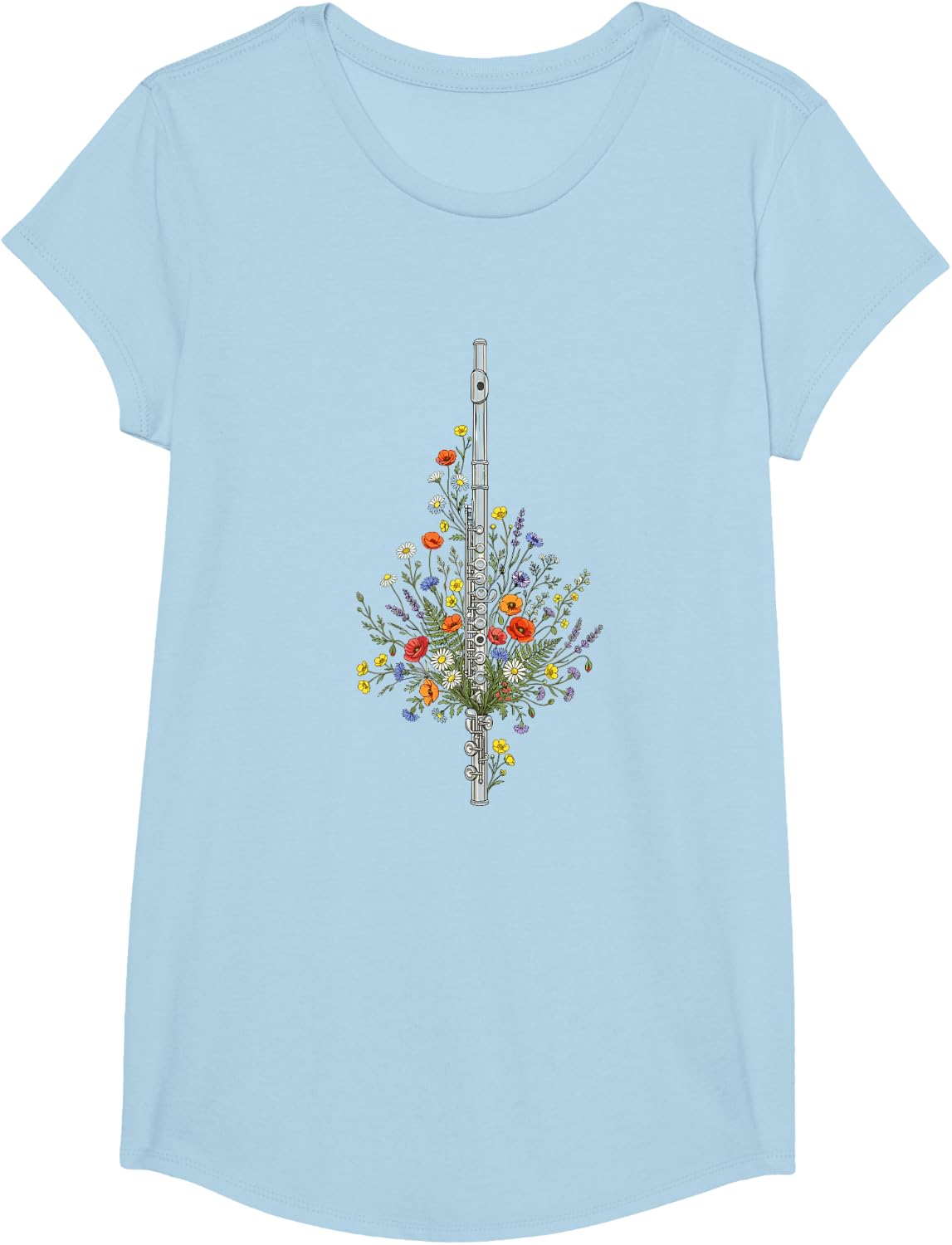 Flute Floral Windflower Flowers Aesthetic Graphic Flutist T-Shirt - Girls Baby Blue