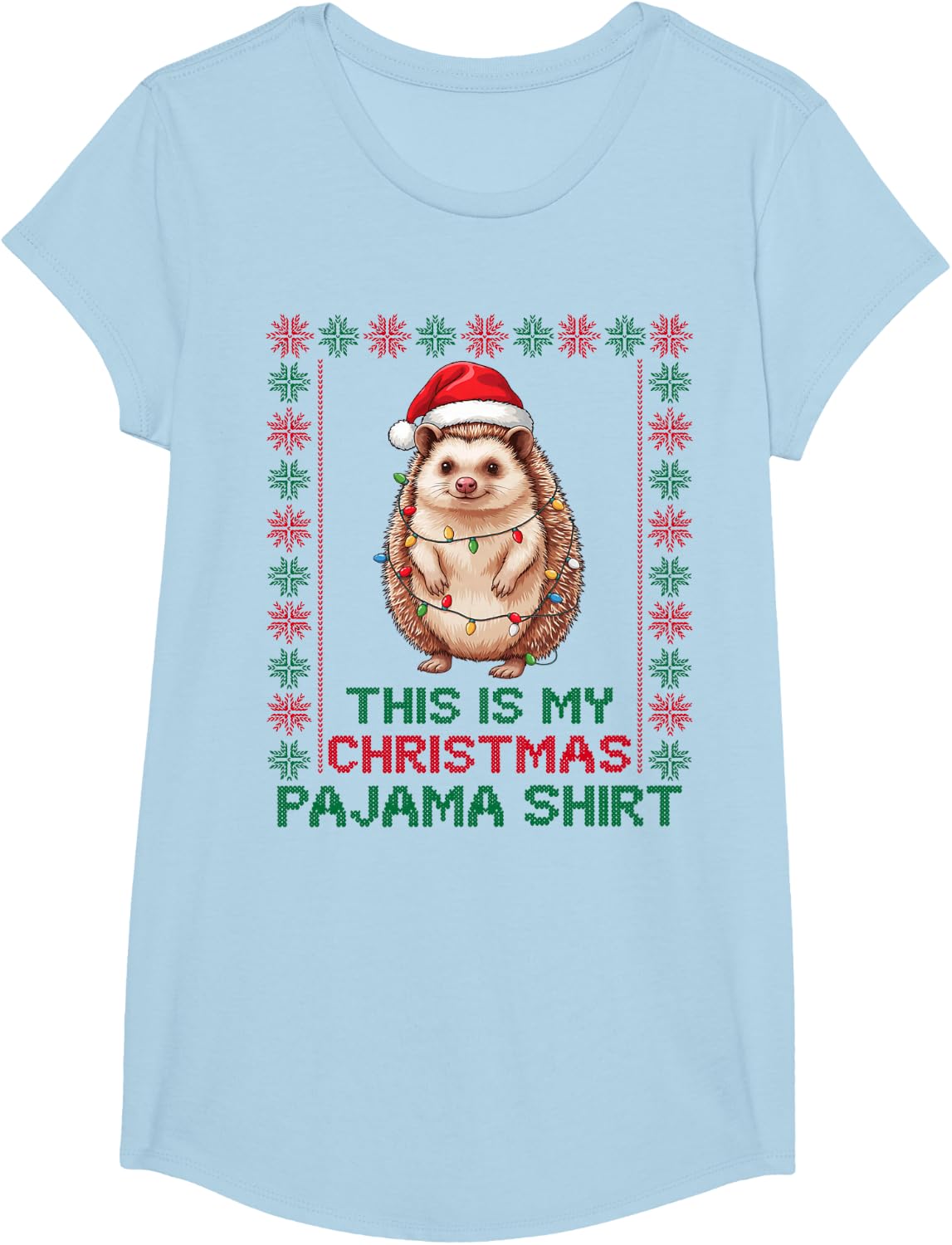 Cute Hedgehog Funny Santa Hat Ugly Christmas Pajama Holiday T-Shirt - Girls Baby Blue
