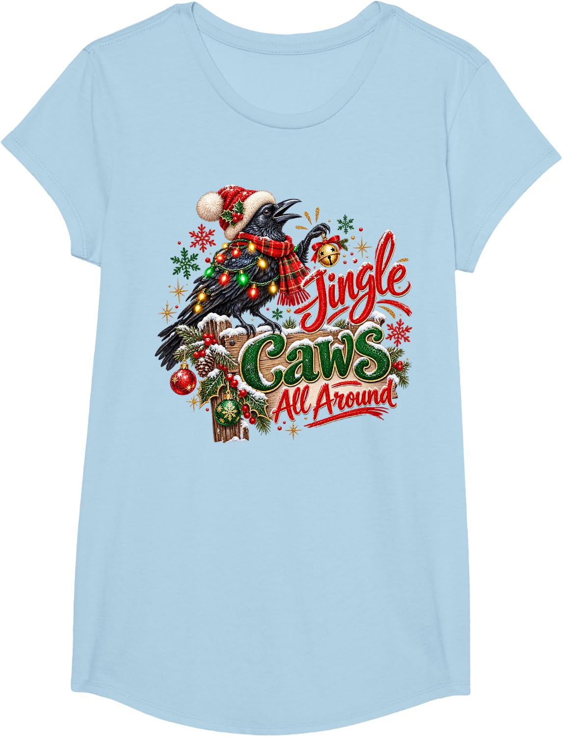 Jingle Caws All Around Raven Funny Christmas Bird Lover T-Shirt - Girls Baby Blue