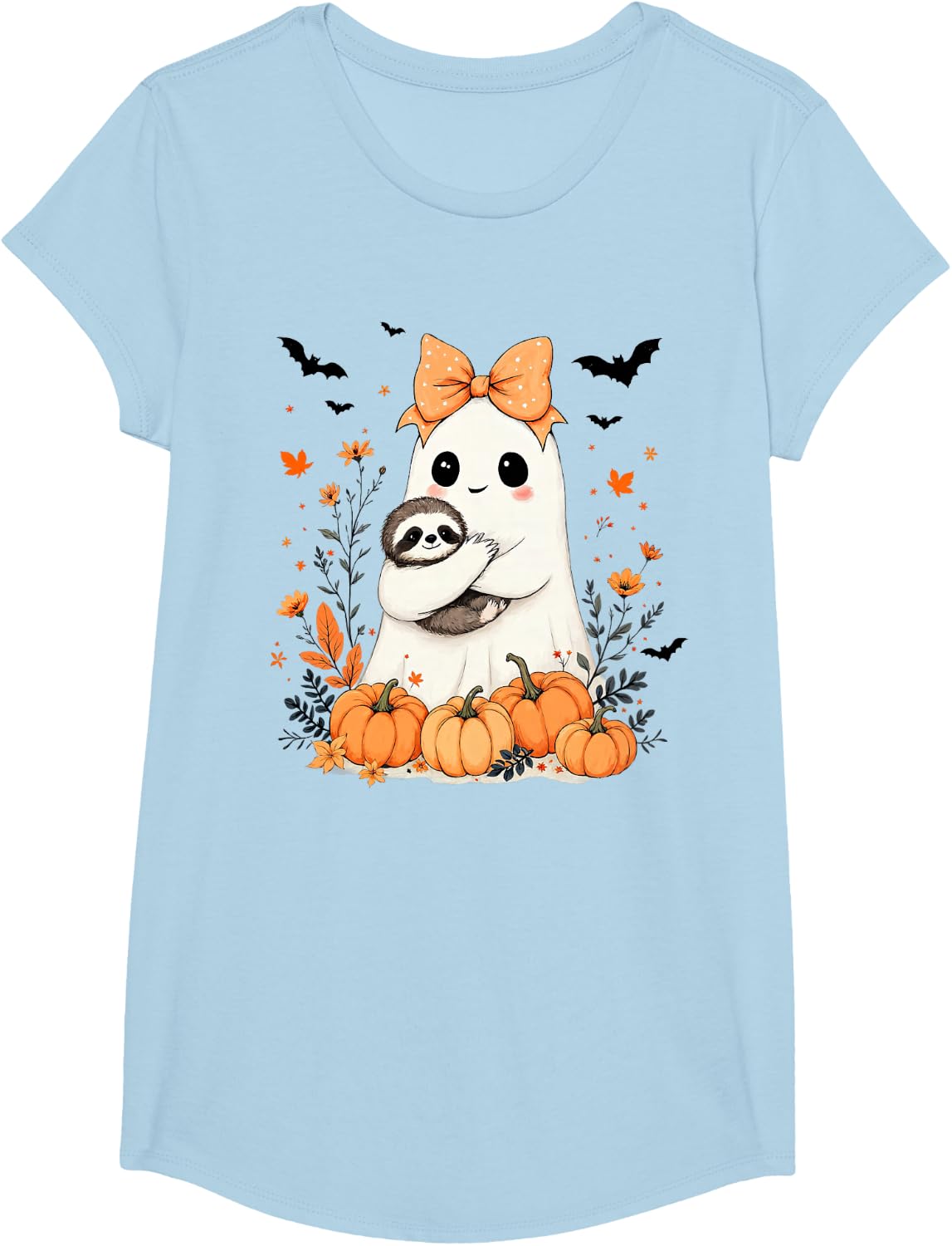 Halloween Ghost Holding Sloth Pumpkin Floral Sloth Lovers T-Shirt - Girls Baby Blue