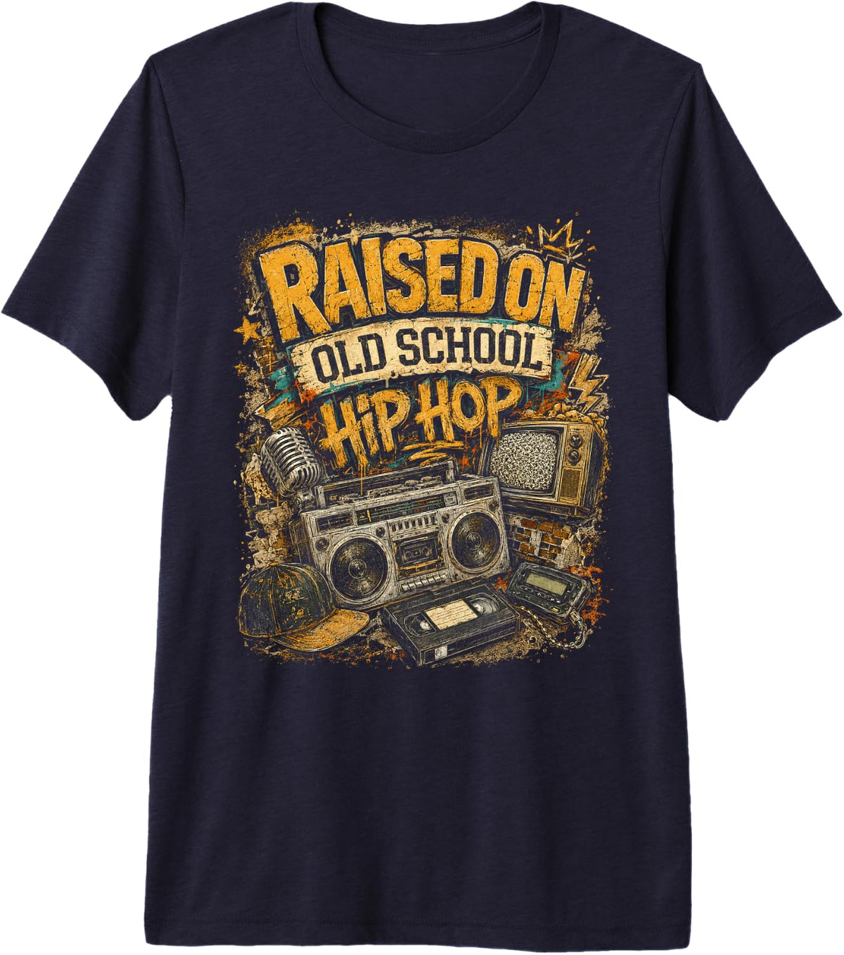 Raised On Old School Hip Hop Vintage Beat Style Premium Tri-Blend T-Shirt - Navy Blue