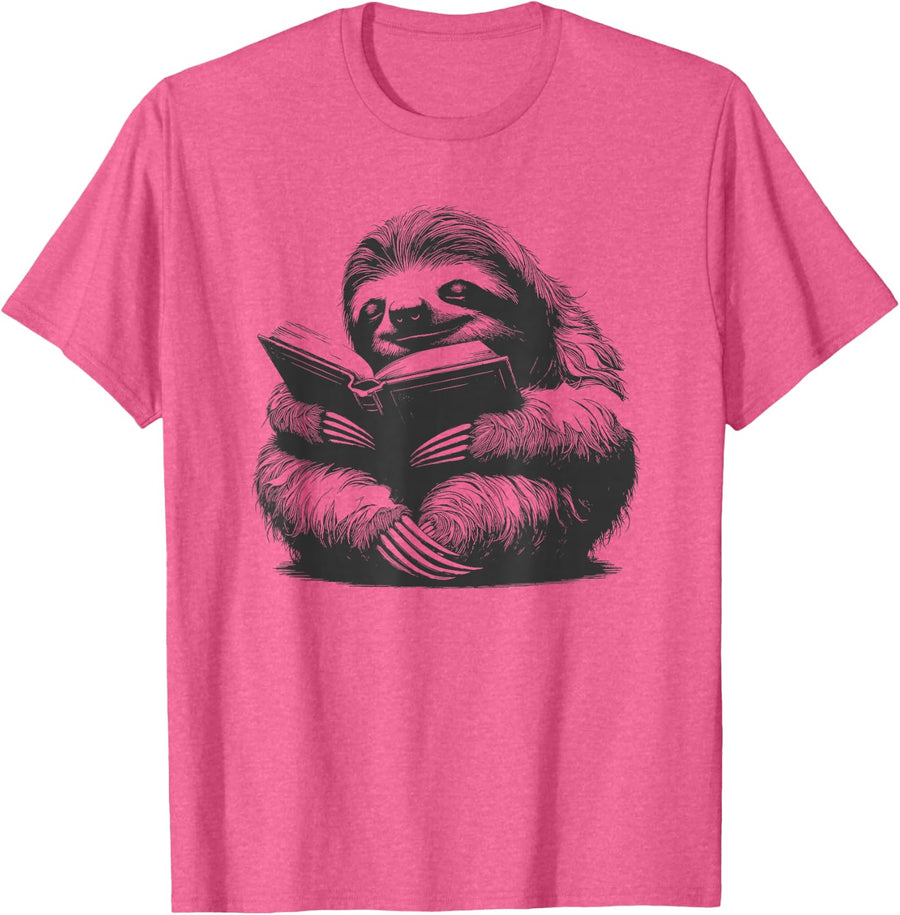 Sleepy Sloth Reading Book Cute Vintage Animal Graphic T-Shirt - Pink Heather