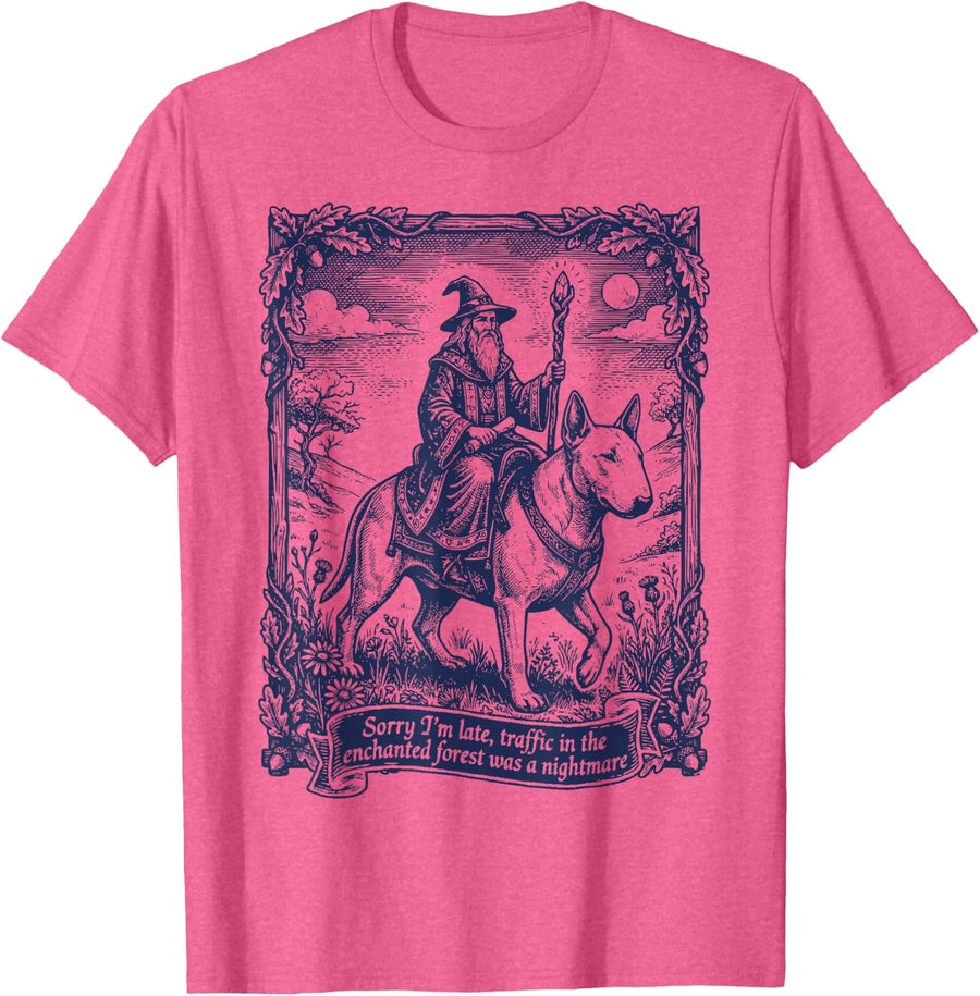Funny Wizard Riding Bull Terrier Dog Fantasy Art T-Shirt - Pink Heather