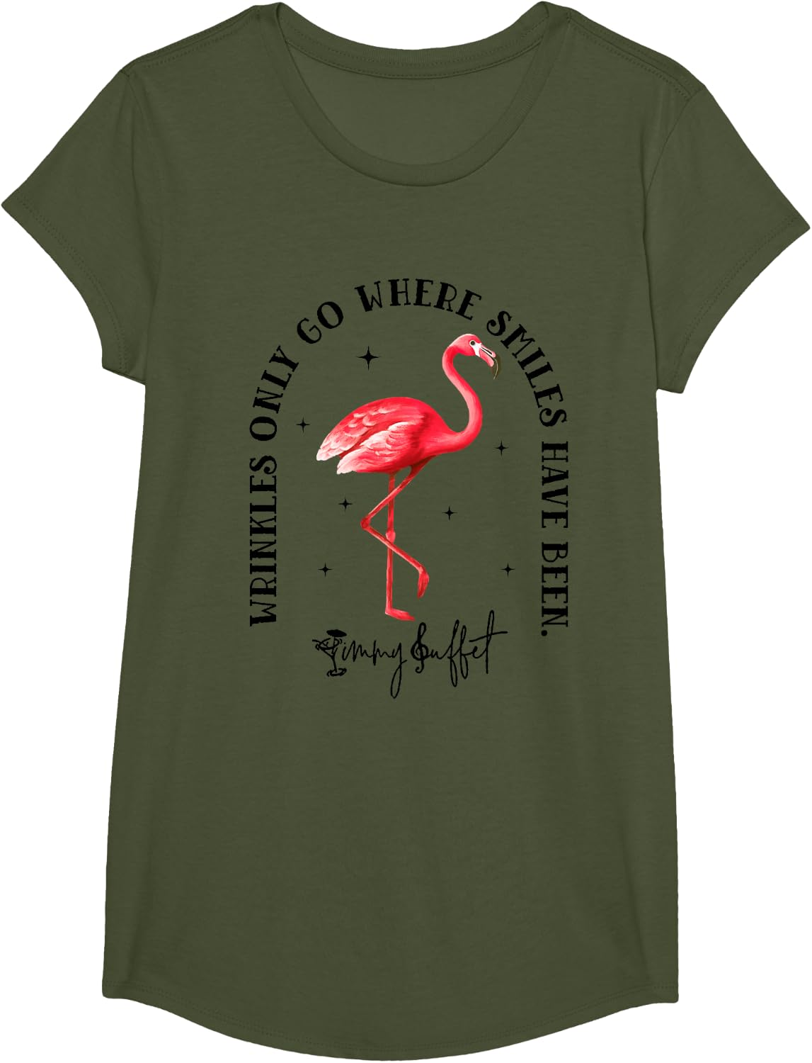 Wrinkles Only Go Where Smiles Have Been Flamingo T-Shirt - Girls Olive Green